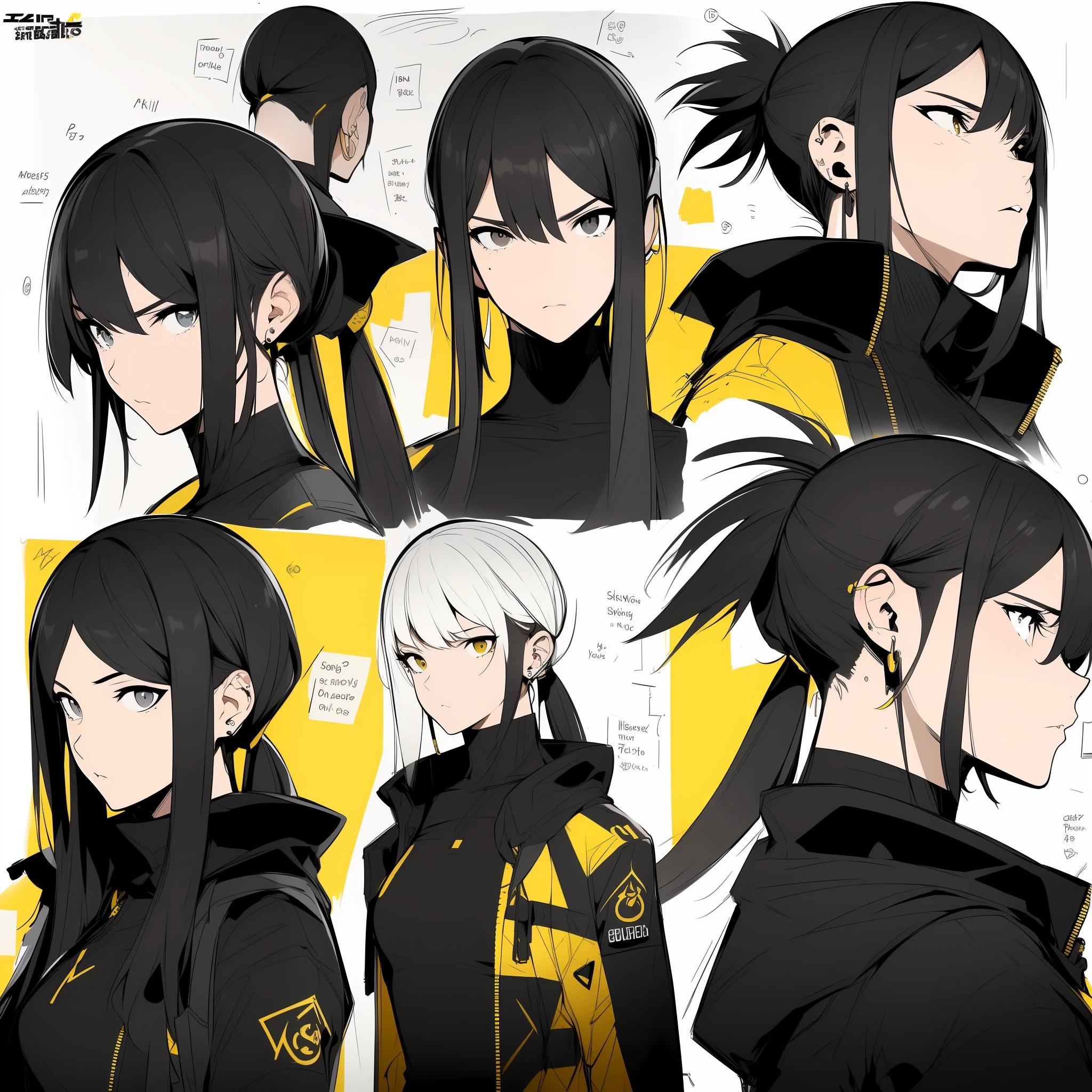 Yellow theme,Masterpiece,Best quality,offcial art,Extremely detailed Cg Unity 8K wallpaper,1girll, joy, Anger and sadness on various expressions,Single ponytail hairstyle,Glowing fist,Mechanical headphones,(((Yellow combat uniform))),a black cloak,Hand-held laser metal weapons,White hair,character design,Zhuzeshegi,Sketch line drawing,