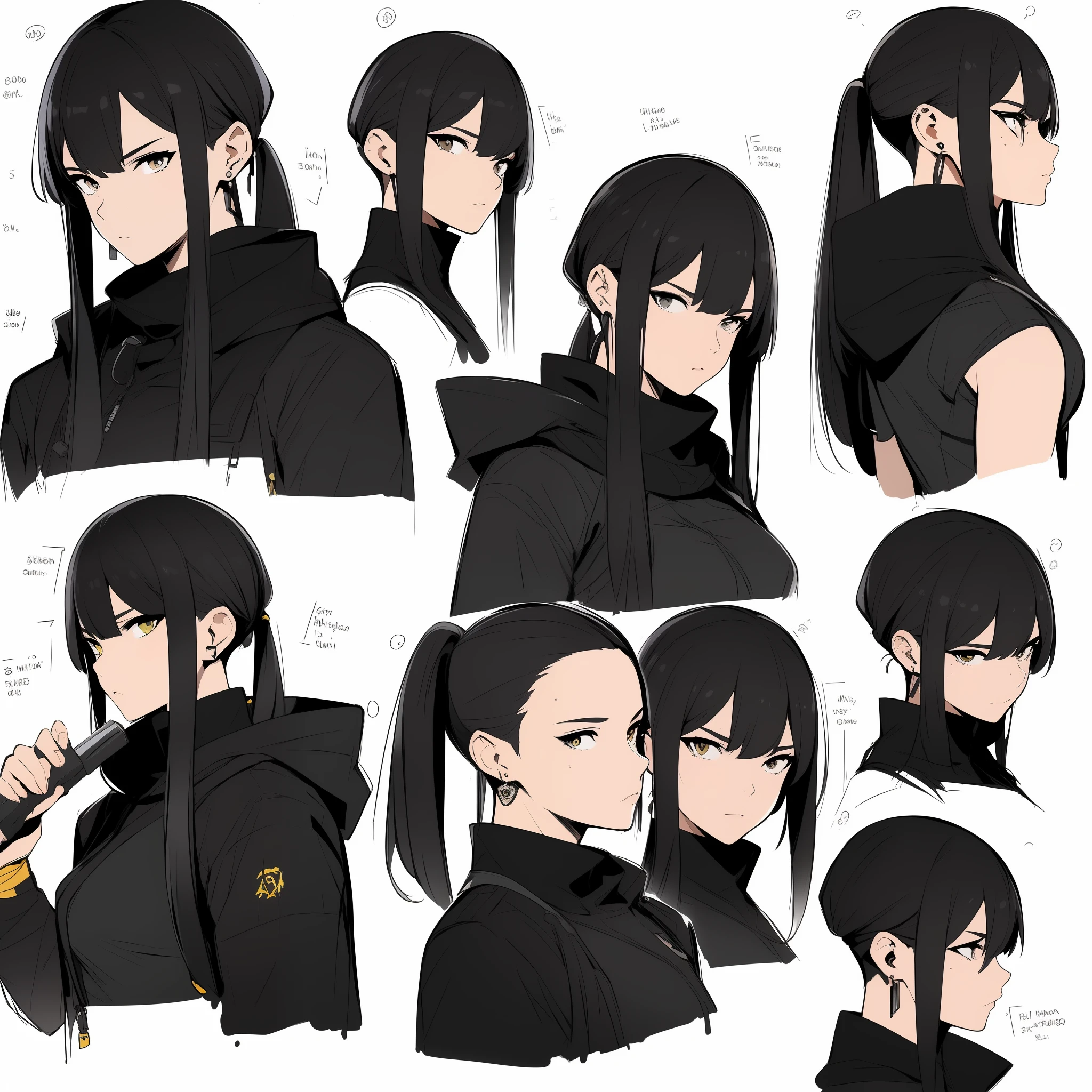 Yellow theme,Masterpiece,Best quality,offcial art,Extremely detailed Cg Unity 8K wallpaper,1girll, joy, Anger and sadness on various expressions,Single ponytail hairstyle,Glowing fist,Mechanical headphones,(((Yellow combat uniform))),a black cloak,Hand-held laser metal weapons,White hair,character design,Zhuzeshegi,Sketch line drawing,