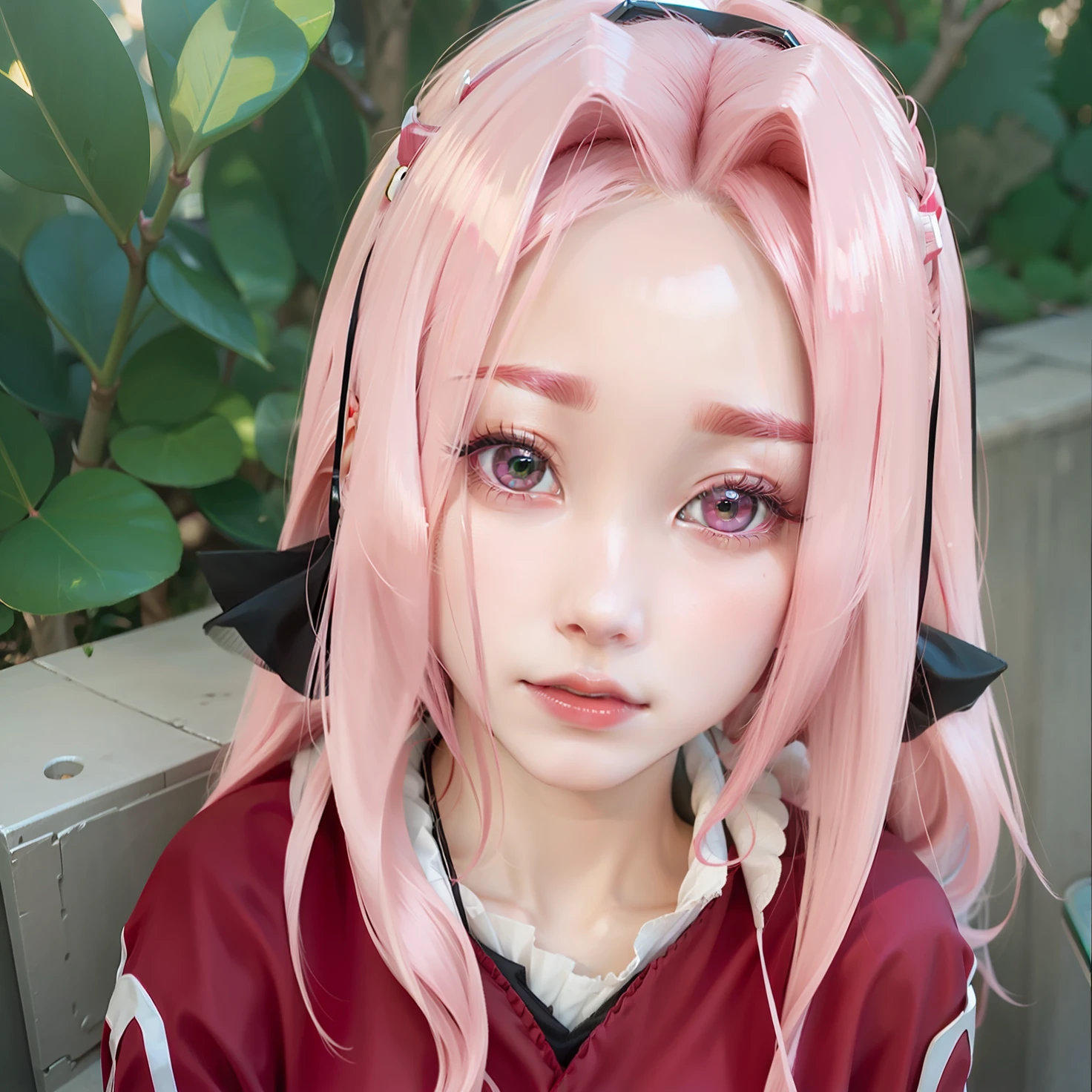 Haruno sakura, pink hair, long hair, red dress, green eyes, realistic, ultra detail, 70mm lens.