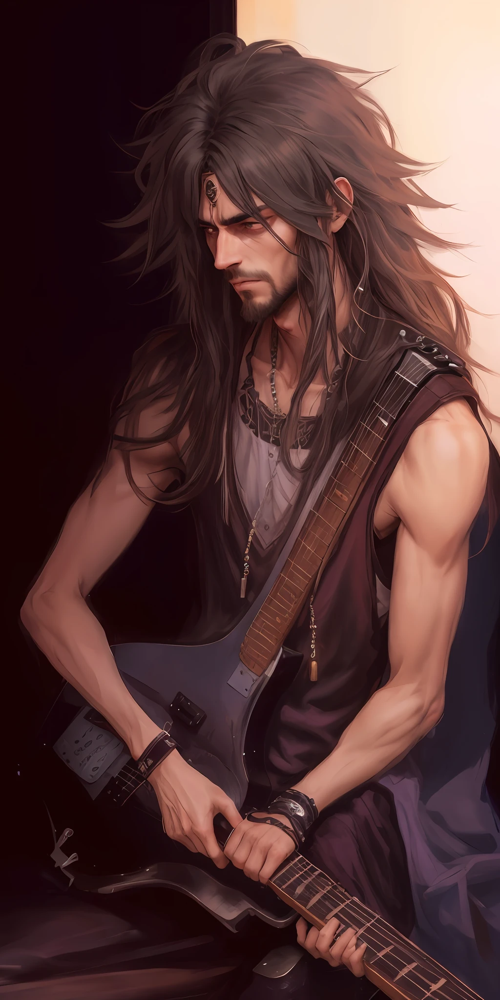 Image of a thin man with a guitar in his hands, Johnny Silverhand,olhos detalhdos Barba grande e descuidada, Guitarrista barbudo, roupa rasgada por Shitao, inspirado em Ren Bonian, por Yang J, roqueiro de cabelos longos e desgrenhados, um bardo humano, fan art, fanart detalhado, Art not Guweiz style, Fanart, Directed by: Ni Yuanlu