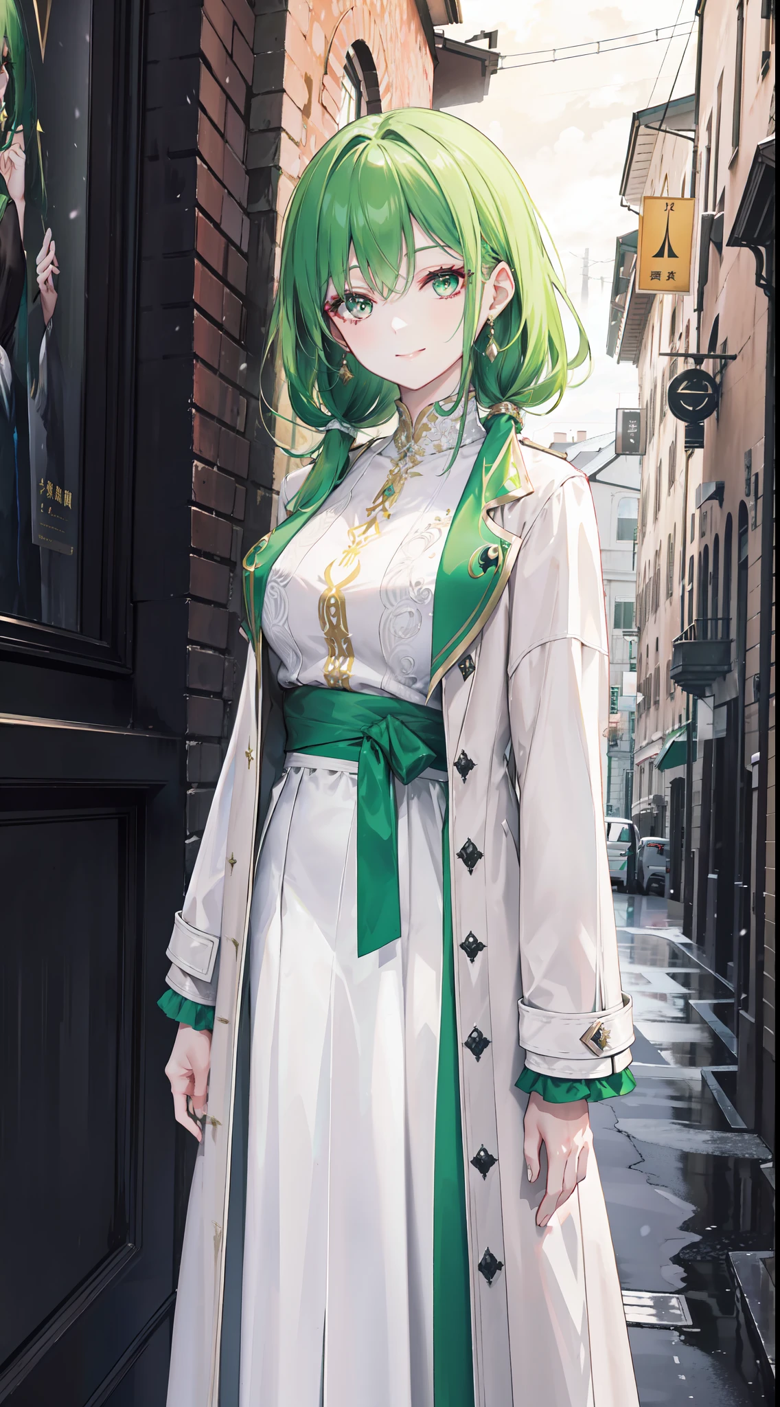 "4k, deep dark ruin without light, there's a elegant mature woman, with green tied hair, closes golden eyes, wears elegant white casual dress and coat, she look cool, she have warmly smile."