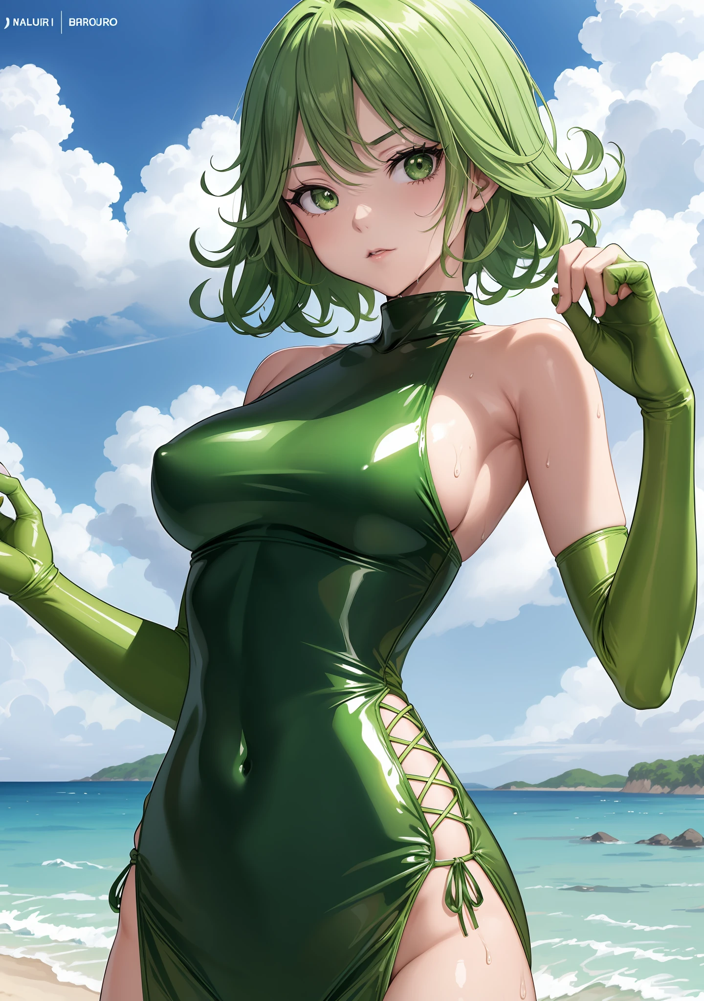 There is a woman in a green bodysuit posing on the beach, Green swimsuit, tatsumaki from one punch man, cute girl wearing a tank suit, monokini, wearing atsuko kudo latex outfit, shiny plastic bikini, Green Bikini, wearing a swimming wear, Green body, Wet swimsuit, latex shiny, Anime girl cosplay, tatsumaki