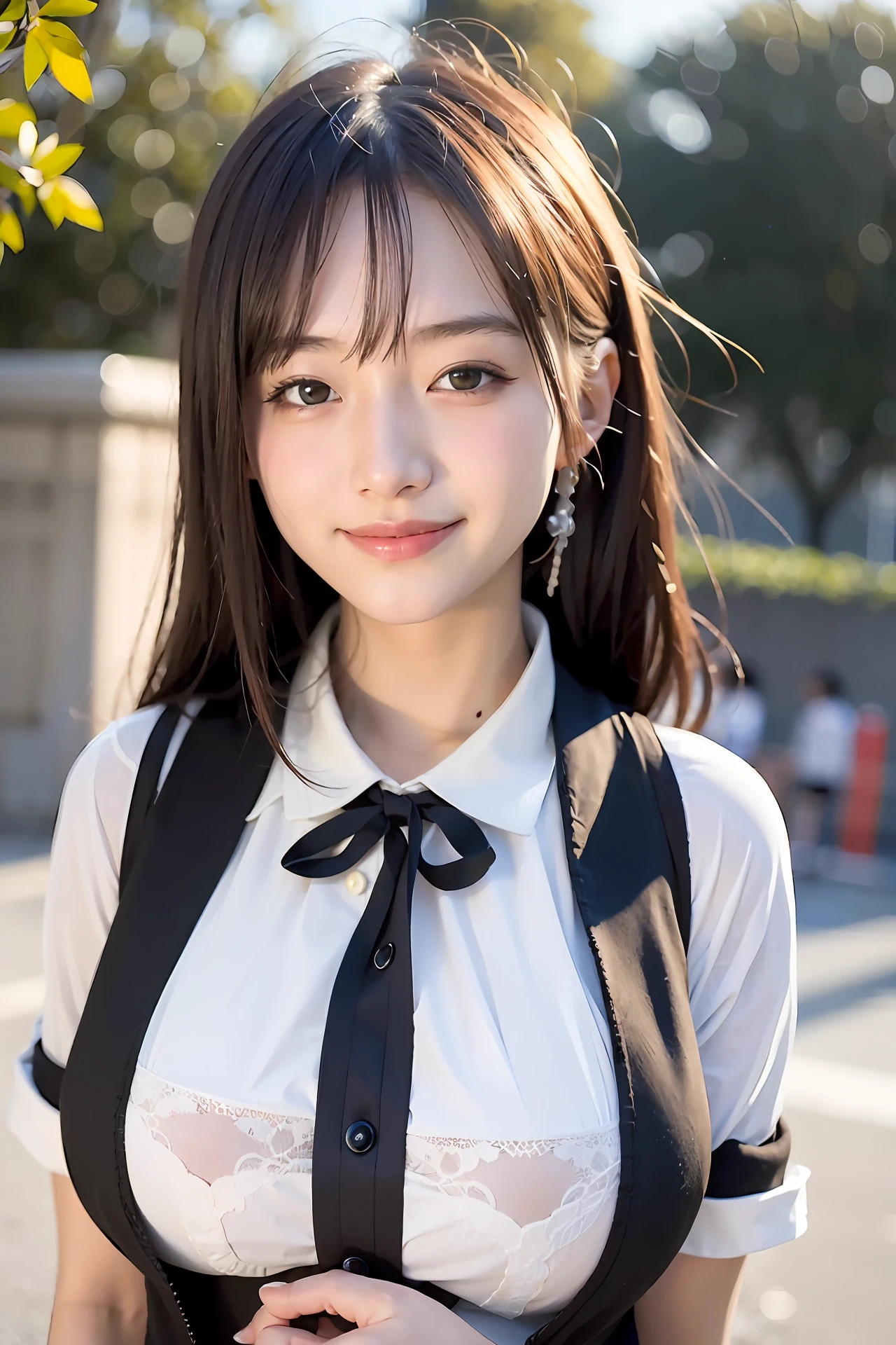 ((top-quality、8K、​masterpiece:1.3))、1girl in、Slim Abs Beauty:1.3、(Hairstyle Casual、huge tit:1.2)、doress:1.1、Super fine face、Delicat eyes、二重まぶた、hi-school girl、raise right hand、skinny legs、poneyTail、Extraordinary Beauty、Cute face、The best smile、Cute smile、frontage、slender、straight haired、schools、ulzzang-6500-v1.1, (Raw foto:1.2), (Photorealsitic:1.4),　a beautiful detailed girl, extremely detailed eye and face, beatiful detailed eyes, huge filesize, hight resolution, ighly detailed, top-quality, ​masterpiece, ((Japanese girls' high school uniform)), ighly detailed, CG, 8k wallpaper, magnifica, finely detail, top-quality, Highly detailed CG uniforms、 Light on the face、电影灯光、16yo girl、