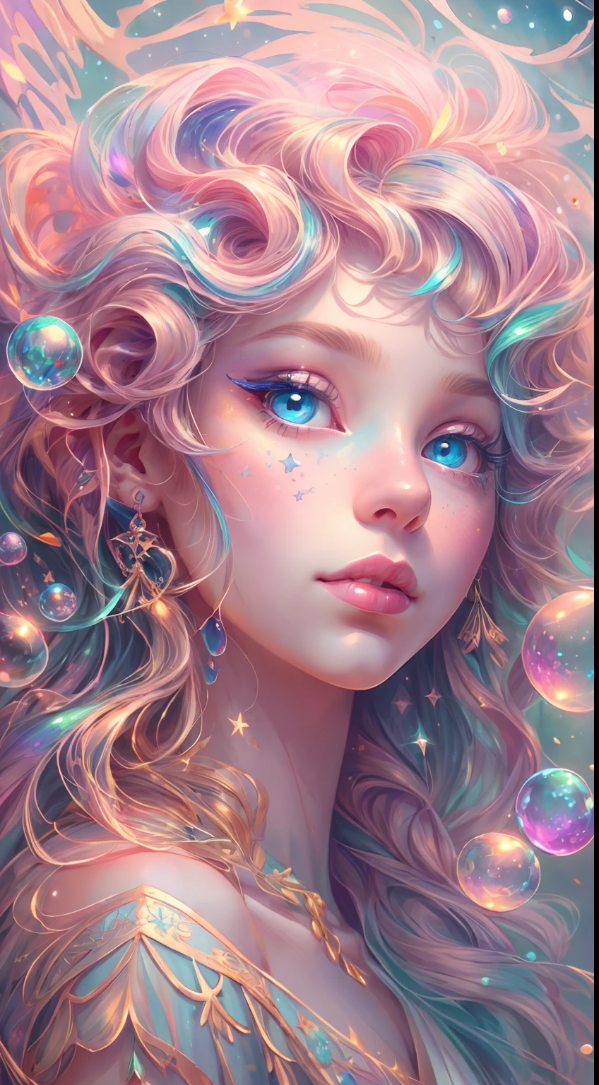 ((masterpiece)). This artwork is dreamy and ethereal, with soft pink watercolor hues. Generate a petite fairy exploring a bubblegum world with a wide variety of pastel shades. Her sweet, realistic face is extremely detailed and has puffy, big lips and stunning, highly realistic eyes. Her eyes are important and should be realistic, highly detailed, and beautiful. In high definition and detail, include lots of details like stars, galaxies, colorful bubbles, colorful petals, and lots of energy and emotion! Include fantasy details, enhanced details, iridescence, colorful glittering wind, and pollen. Pay special attention to her face and make sure it is beautifully and realistically detailed. The image should be dreamy and ethereal.8k, intricate, elegant, highly detailed, majestic, digital photography