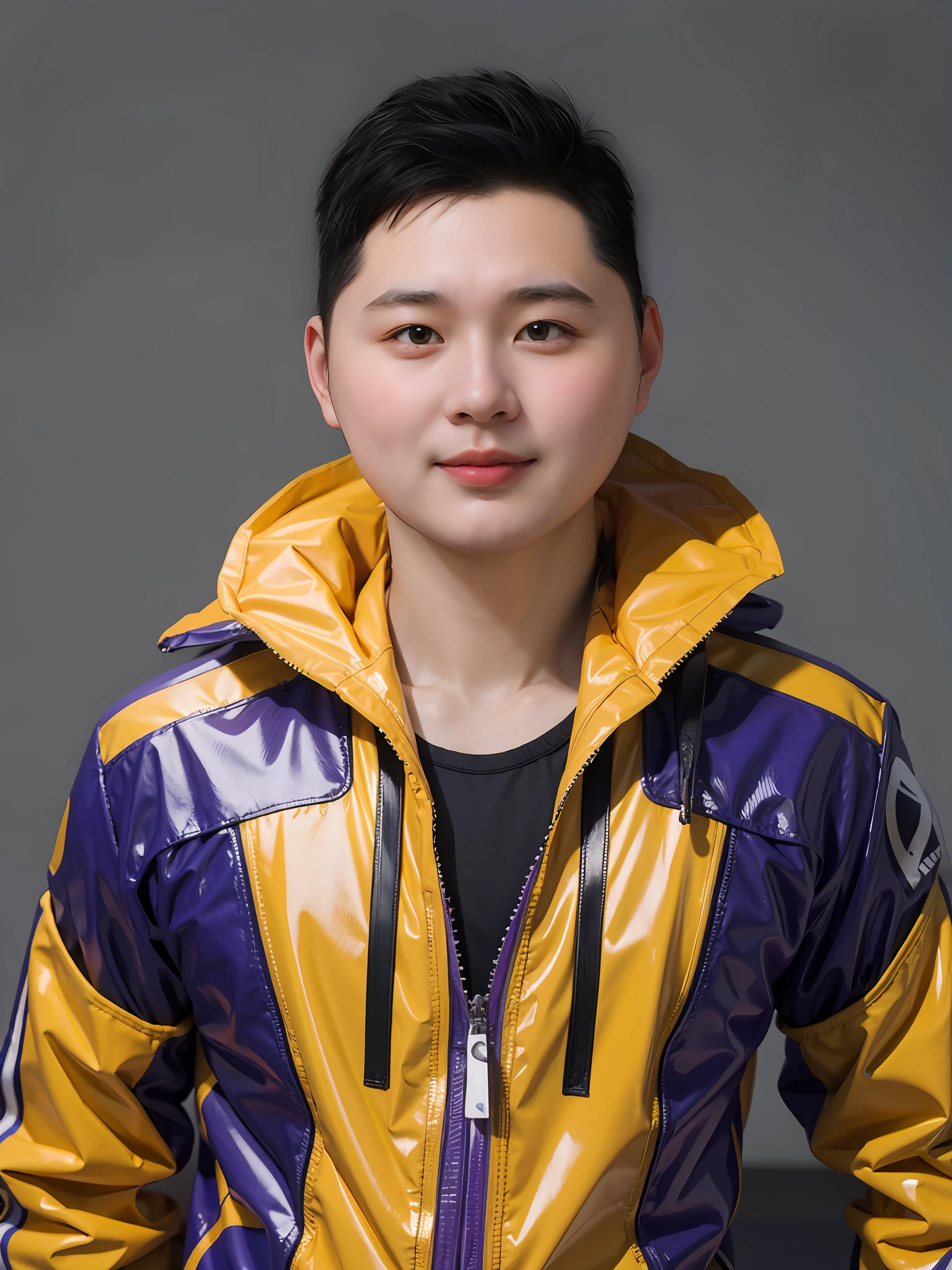 A Chinese male high school student,Wearing a PVC purple race suit,There are zippers,There are hats。