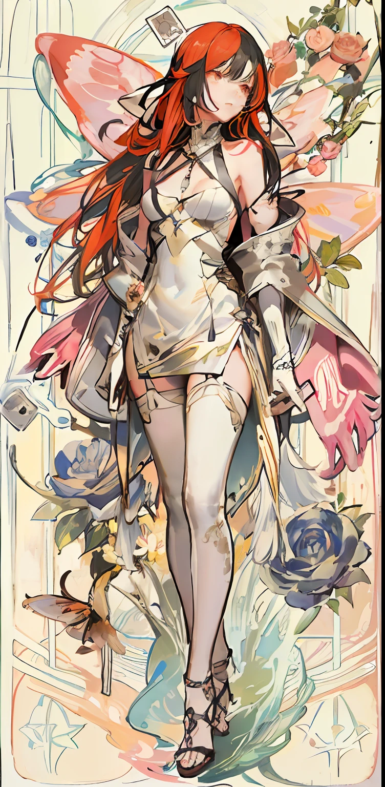 (Golden Ratio: 1.2),(Rose Graffiti:1.2),(Fault Color:1.3),[(White:1.4)::10],(Full-body:1.2),(Ultra Detail:1.3),(Tarot:1.6),(Magician:1.6),(Magician: Tarot): 1.6), (Paper: 1.2), (Fairy: 1.6), (Fairy Wings: 1.2), Full body, standing in the air, (Cool: 1.2), (Red Long Hair),(Butterfly Hair Ornament),( Floral Hair Ornament: 1.0),((Sandals,Rocket)),(Colorful Cocktail Long Dress:1.0)+ (Loose Sleeve Coat:1.3)+(Floating Colorful Tassel and Ribbon: 1.2),(White Stockings: 1.2),(Multicolored Ink Paper Flowers Growing on Face:1.2),(Colorful Flower Sea:1.3),(Chaotic Geometric Image:1.3 ), (Negative space: 0.8), (Drawing board: 1.3), (Ether Colorful Ink Flow: 1.3)