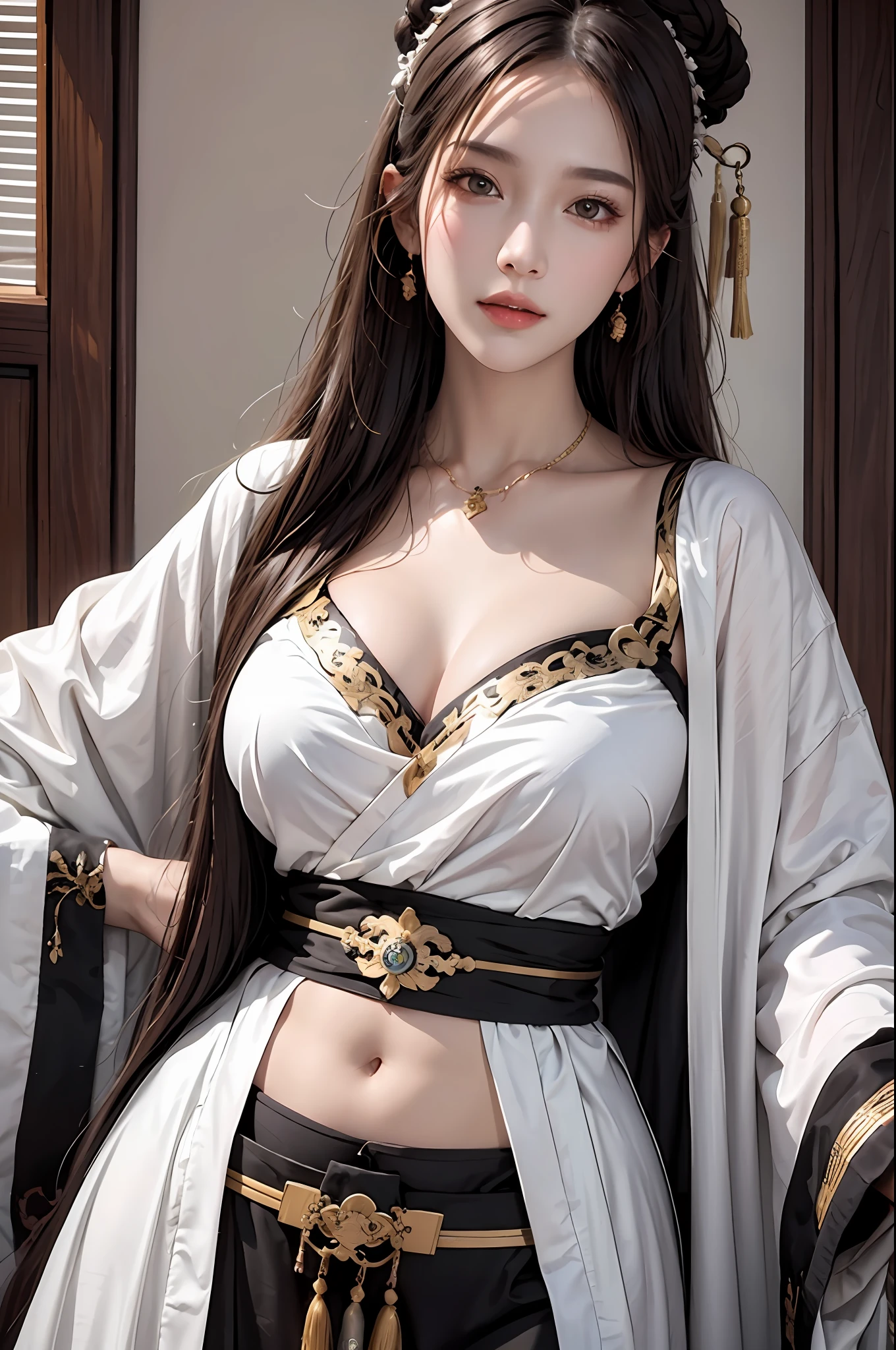 photorealistic, high resolution, soft lights, 1women, solo, hips up, look at viewer, (detailed face), long hair, colorful Taoist robe,oversized clothes, midjourney portrait, jewelry