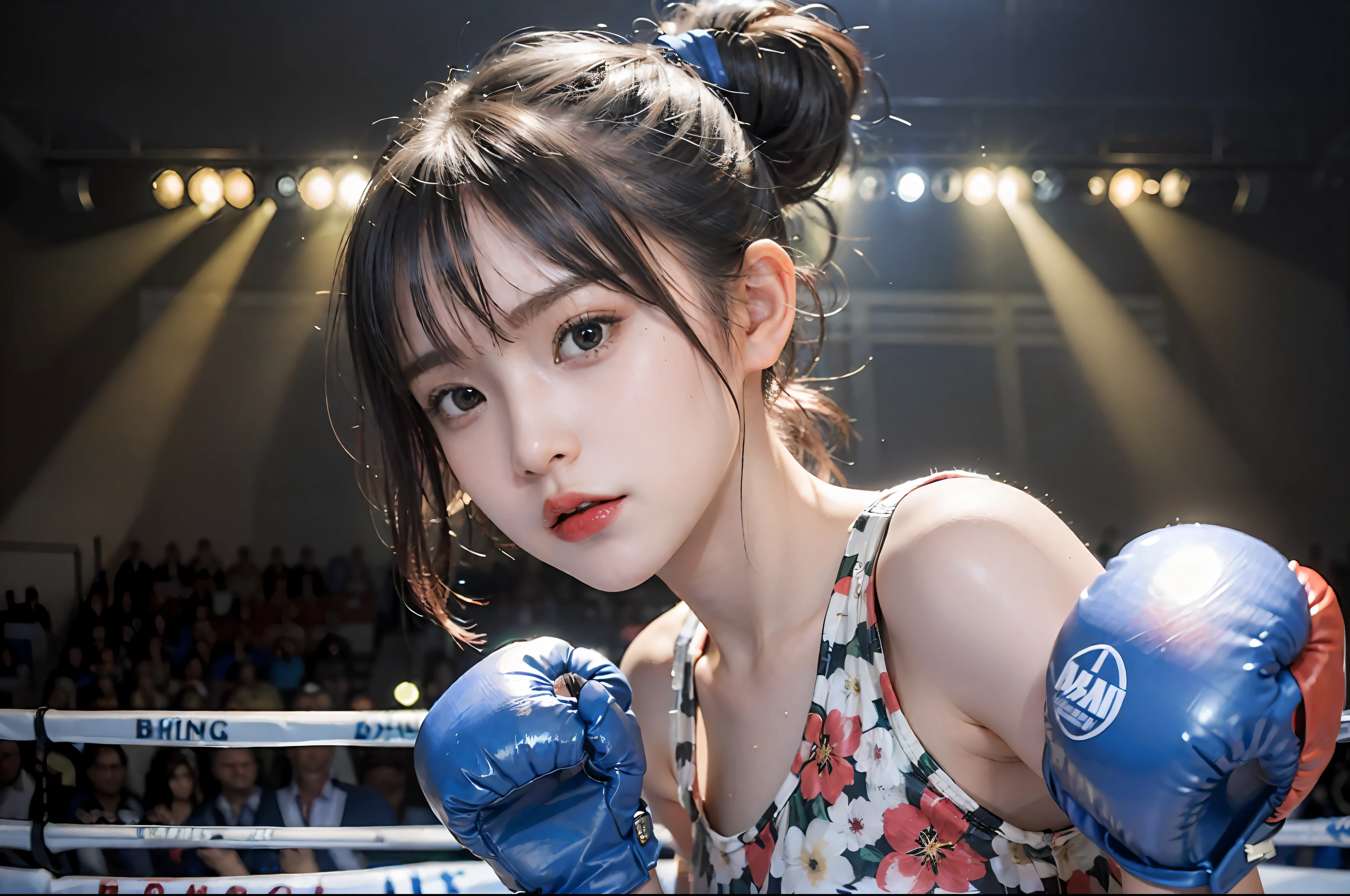 Best Quality, Boxer, (Photorealsitic:2), 超A high resolution, Highly detailed, A hyper-realistic, 1girl in, (Boxing gloves), Floral pattern,  colourfull_Head_hair、(((very_Short_Head_hair))), Short hair, Slim body, Full Shot, Looking at Viewer, ((boxing Ring)),  Bright atmosphere, spot light, Detailed background