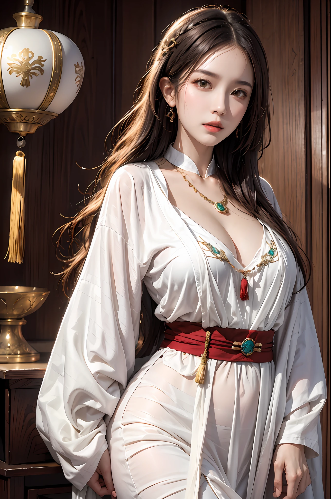 photorealistic, high resolution, soft lights, 1women, solo, hips up, look at viewer, (detailed face), long hair, colorful Taoist robe,oversized clothes, midjourney portrait, jewelry