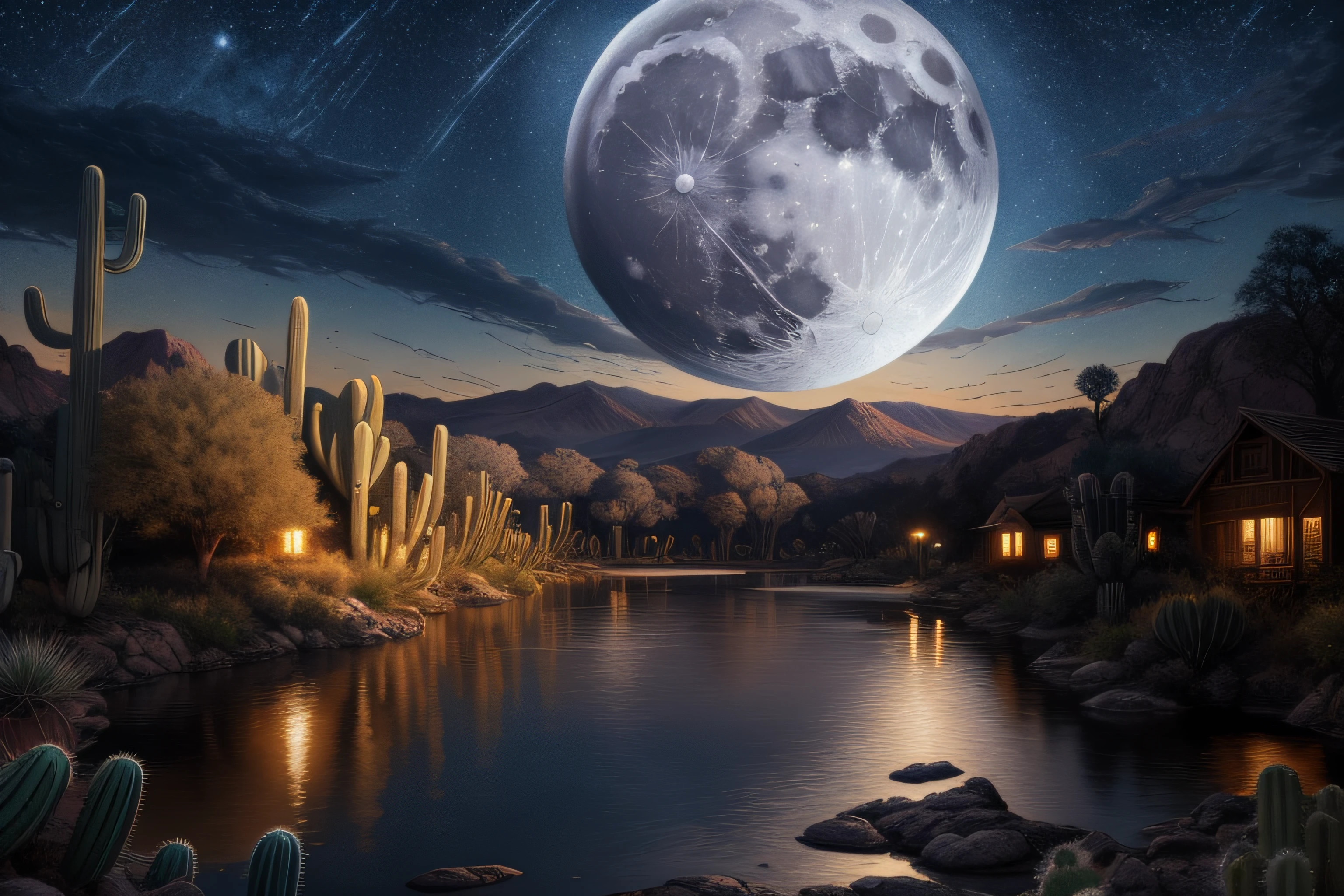 Night view of river with full moon and cactus trees, 4K highly detailed digital art, moon landscape, background artwork, epic surrealism 8k oil painting, beautiful digital works of art, Big moon on the water, dreamlike digital painting, 4k detailed digital art, amazing wallpapers, huge moon, beautiful art uhd 4 k, stunning digital painting, moonscape