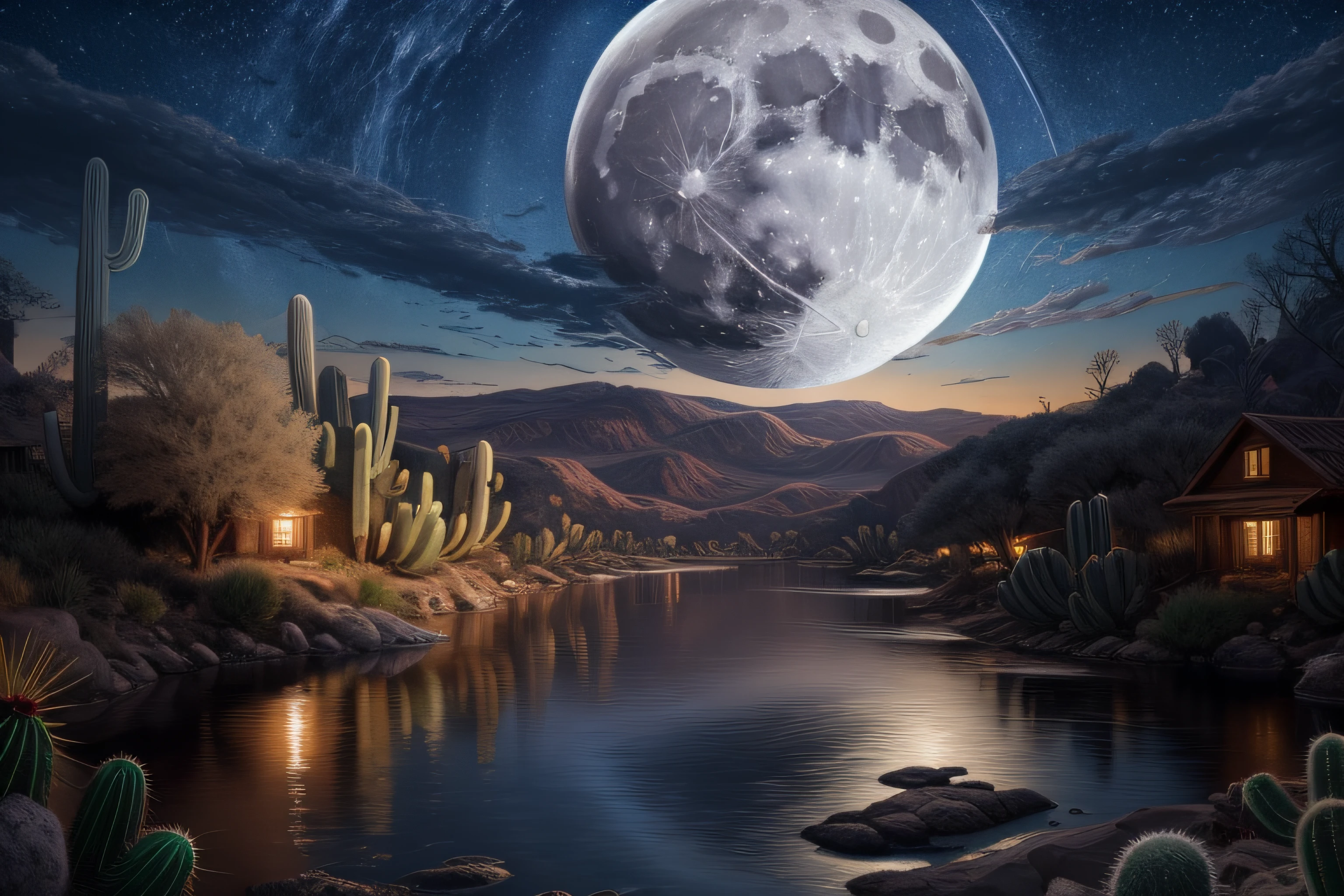 Night view of river with full moon and cactus trees, 4K highly detailed digital art, moon landscape, background artwork, epic surrealism 8k oil painting, beautiful digital works of art, Big moon on the water, dreamlike digital painting, 4k detailed digital art, amazing wallpapers, huge moon, beautiful art uhd 4 k, stunning digital painting, moonscape