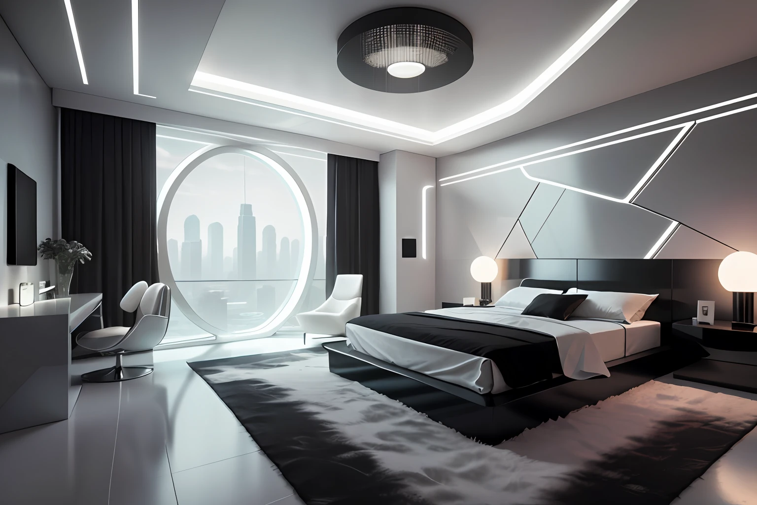 tmasterpiece，MUCH QUALITY，The bedroom is stylish and simple，There was a queen size bed in the corner。The bed has a black leather headboard and gray duvet，Contrast with the white walls。The walls are bare，Rooms only have a large flat-screen TV and digital clock。。The floor is polished concrete，Under the bed is a black and white geometric carpet。On the opposite wall there is a glass table and a swivel chair。，It is possible to work here or surf the Internet。There is also a built-in closet、Sliding doors and smart mirrors，All controlled by voice or touch。There is a small window in the ceiling，There is an automatic shutter to adjust the light and temperature。Enjoy panoramic views of the city skyline through the windows，Here you can see skyscrapers and neon lights。The bedroom is a futuristic and functional space，You can enjoy technology and privacy here。