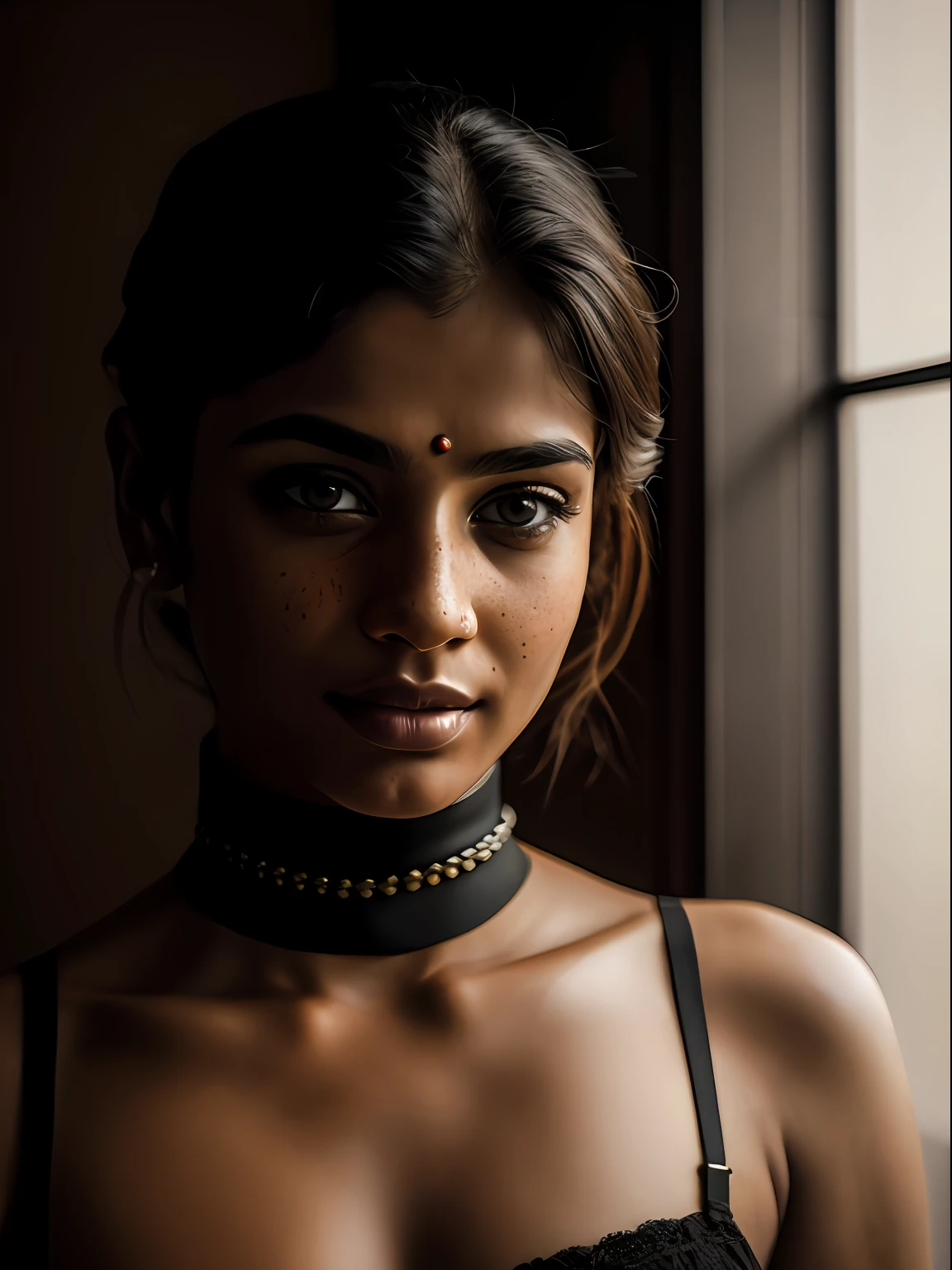 (8k, RAW photos, best image quality, masterpieces, : 1.2), (realistic, photorealistic: 1.37), film grain, photo, rule of thirds, dramatic lighting, medium hair, detailed face, detailed nose, bengali women, freckles, collar or choker, smirk, bedroom, India, realism, raw, woman, photorealistic, analog, realism, full body