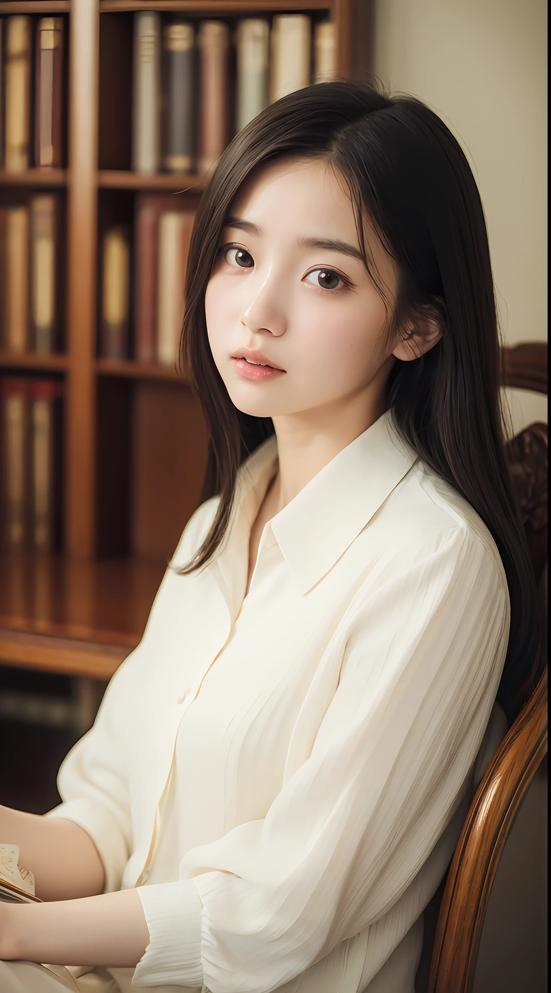 女の子1人, (Full body), Unknown , detailed clothes, (delicate illustration:1.4),(masutepiece:1.0), (Best Quality:1.4), (超A high resolution:1.2), (Photorealistic:1.4), (8K, Raw photo:1.2), (Soft Focus:1.4), (18year old:1.3), (Sharp Focus:1.4), (Renaissance art:1.4), Detailed beautiful face, Super Detailed Face, Detailed lips, detailedeyes, 二重まぶた, (Blouse with white collar), Sitting in a library chair and reading a book