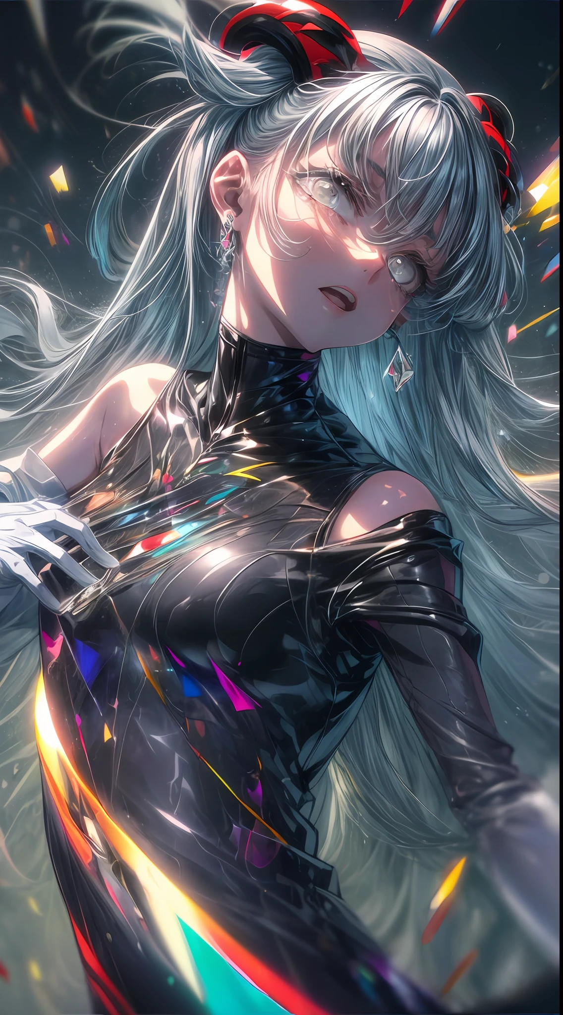 (Highest picture quality),(Master's work),(ultra-detailed),(Detailed eye description:1.0),(lens flare:1.0),(movie poster:1.0),(Tarot border:1.0),the portrait is centered,(close-up:1.0),(nagative space:0.8),(negative space:1.6),(solo),(floating colorful web:1.0),(many colorful spikes:1.0),(floating aqua droplets:1.0),(water magic:1.0), (dappled sunlight,light rays,caustics:1.2), (iridescent:1.0),(beautiful detailed glow:1.0),(leaning back:1.2),(grim expression:1.0),(small:1.0),(open mouth:1.0),(eyelashes),one eye closed,(light blue hair:1.4),(long hair:1.0),(facing viewer:1.3),(head tilt:1.0),(dynamic pose:1.1),(asymmetrical hair:1.2),(orange,(casual,casual clothes),(layered skirt),(grey eyes:1.4),diagonal bangs,high twintails,drill hair,long coat,(floating cape:1.0),,(abstract background:1.4),(:1.1),(jumping:1.1),(tan:1.1),(upper body:1.25),thinking, slit pupils, + +, ganyu, bare shoulders, bodysuit, (white gloves:1.3), black and red twin horns, sleepy