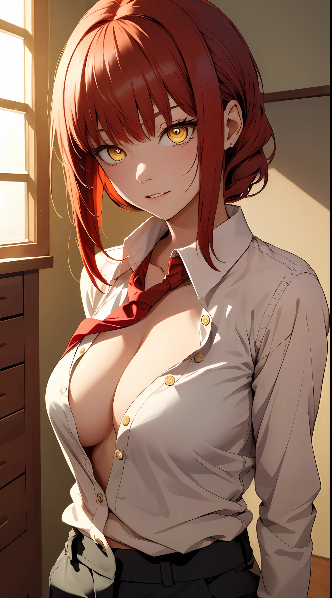 (masterpiece, best quality:1.2), solo, 1girl, red hair, yellow eyes, makima,, unbuttoned shirt with collar, on the chest, a lot of, black unbuttoned pants, wide hips,