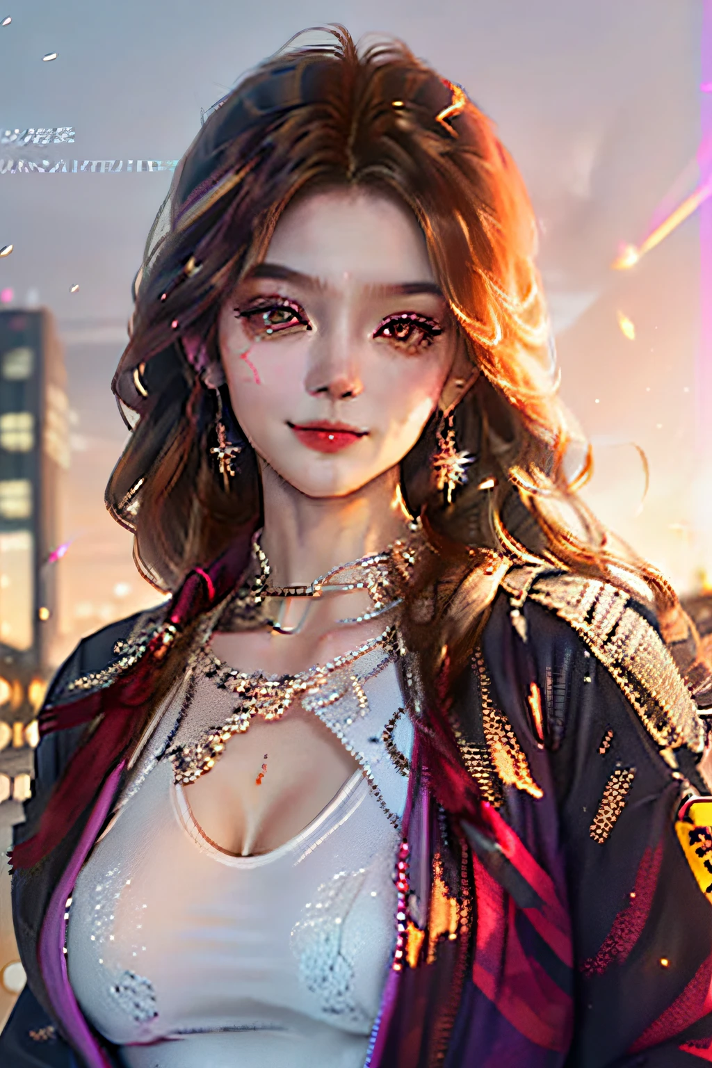 tmasterpiece, best qualityer, Autumn and autumn, the sunset, at cyberpunk city, Realistis, Kizi, A MILF, Long hair, brown hair, hair straight, light blush, 美丽细致的眼睛, light smile, 黑The eye, glowing light eyes, eye shadows, mediuml breasts, sweaterdress, ankle socks, 耳Nipple Ring, blown hair,
