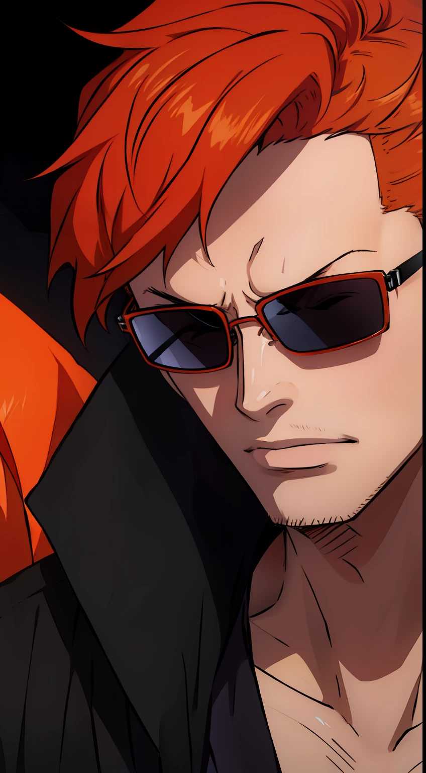 a blind guy emanating a red aura wearing a black jacket and sunglasses with short orange hair closed eyes