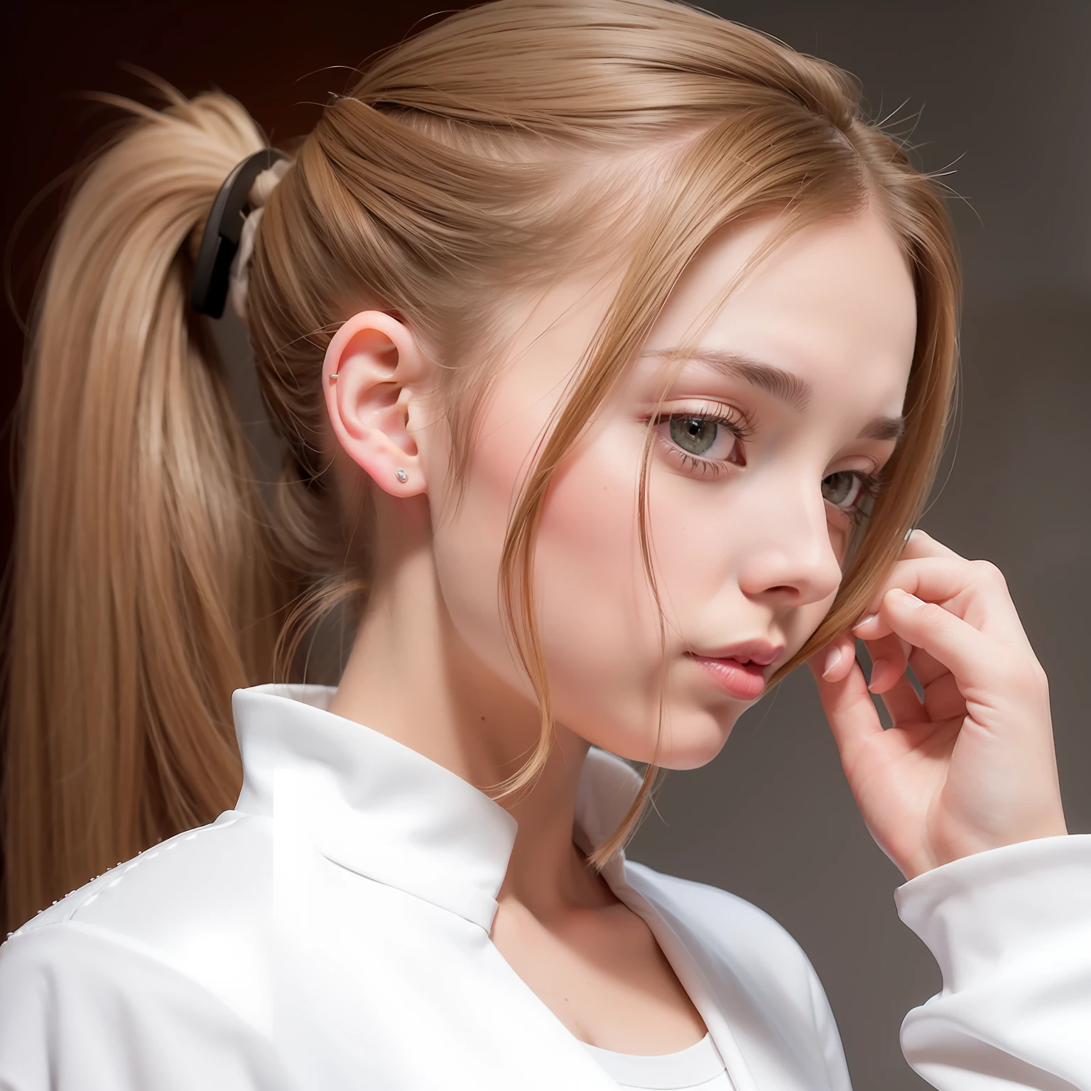 arafed woman with a ponytail in a white coat and a white shirt, hair in slick low ponytail, with a ponytail, sadie sink, brown hair in a ponytail, long ponytail, hair in a ponytail, ponytail hair, long hair with a ponytail, ponytail, sophie turner, hair ponytail, pony tail, hair tied in a ponytail, sophie turner girl