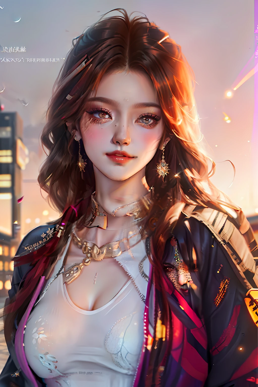tmasterpiece, best qualityer, Autumn and autumn, the sunset, at cyberpunk city, Realistis, Kizi, A MILF, Long hair, brown hair, hair straight, light blush, 美丽细致的眼睛, light smile, 黑The eye, glowing light eyes, eye shadows, mediuml breasts, sweaterdress, ankle socks, 耳Nipple Ring, blown hair,