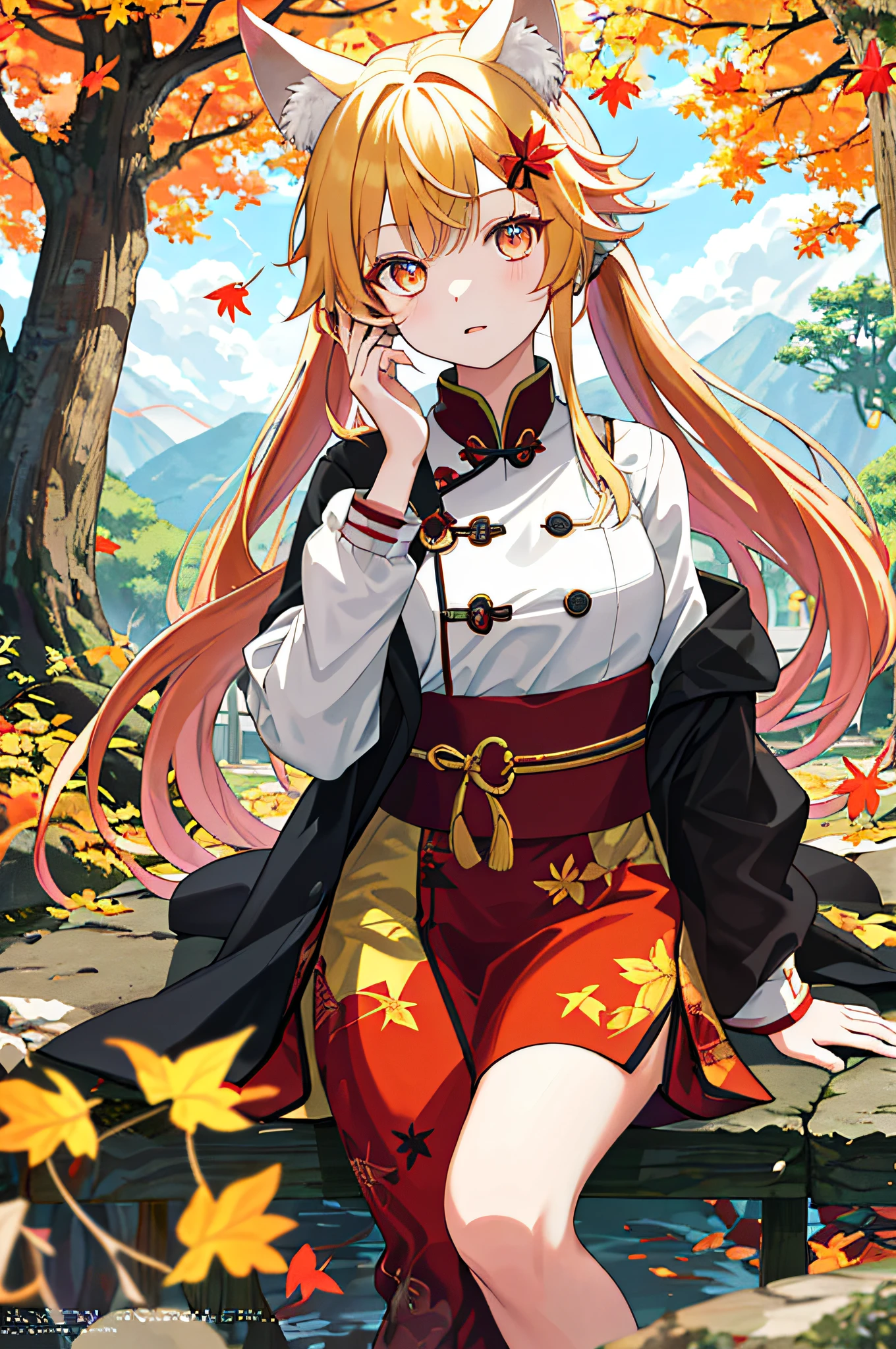 Englai Wonderland,Chinese mythology,Colorful auspicious clouds,autumnal,fall leaves,falling leaf,holding_leaf,fronds,Leaf background,leaf hair ornament,maple leaves,aki_shizuha,Leaf print,starfish,Veins of anger,ginkgo leaf,Cephalic parietal lobes,Veins of anger,The tree,waterfallr,sweet potato,dragonfly,acorns,独奏,pigtails,Blurred foreground,1girl,In the daytime,painting of a,depth of fields,bblurry,long whitr hair,tree branch,Hair decoration,Leaves in the wind,ln the forest,exteriors,naturey,bonfires,The shirt,lookingat_at_viewer,hot onsen,Koi,sitted,tmasterpiece,Best quality at best,(Best quality at best), ((masterpiece)), (highres), Original, Extremely detailed 8K wallpaper, (Extremely Delicately Beautiful),((详细的脸)), beatiful detailed eyes, Hair flutters in the wind, messy hair, lens flare glow, 1little girl,full bodyesbian,(blonde eyes),(red - eyed),(Wolf ears),(Yellowhair),(Wolf tail),(Wolf ears),(Moe girl:1.1),(Wolf ears),Nice detailed eyes,Orange hair,Very long hair,little breast,(looking at viewert),(Magazines:1.3),(Cover style:1.3),Fashionab,woman,with dynamism,garments,posing on a,frontage,Colorful,dyna,Background with,element in,self-assured,Expressing the,halter,statement,fittings,A majestic,coil,Runt,Touching pubic area,,Catchy