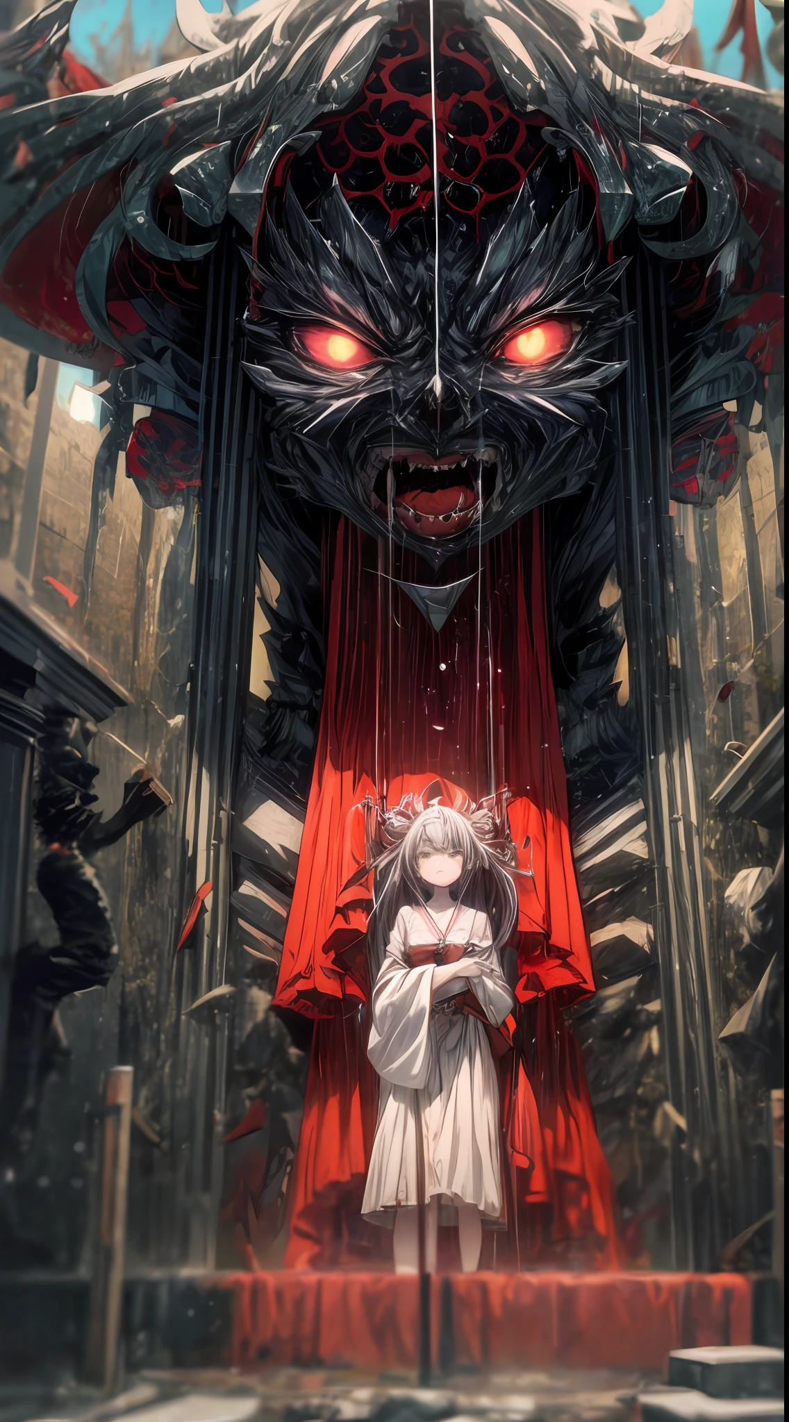 The Japanese shrine of the goddess of destruction commands both fear and awe. Standing amidst a desolate landscape, it is an imposing structure with dark, weathered stone walls that seem to tell tales of ancient battles. The entrance is adorned with fierce-looking statues, representing the goddess's power to dismantle and create anew. Inside, a massive statue of the goddess looms, her fierce expression accentuated by vivid red and black hues. The air feels charged with a sense of danger and transformation, as visitors pay respects to the deity's might and seek her guidance with trepidation.
