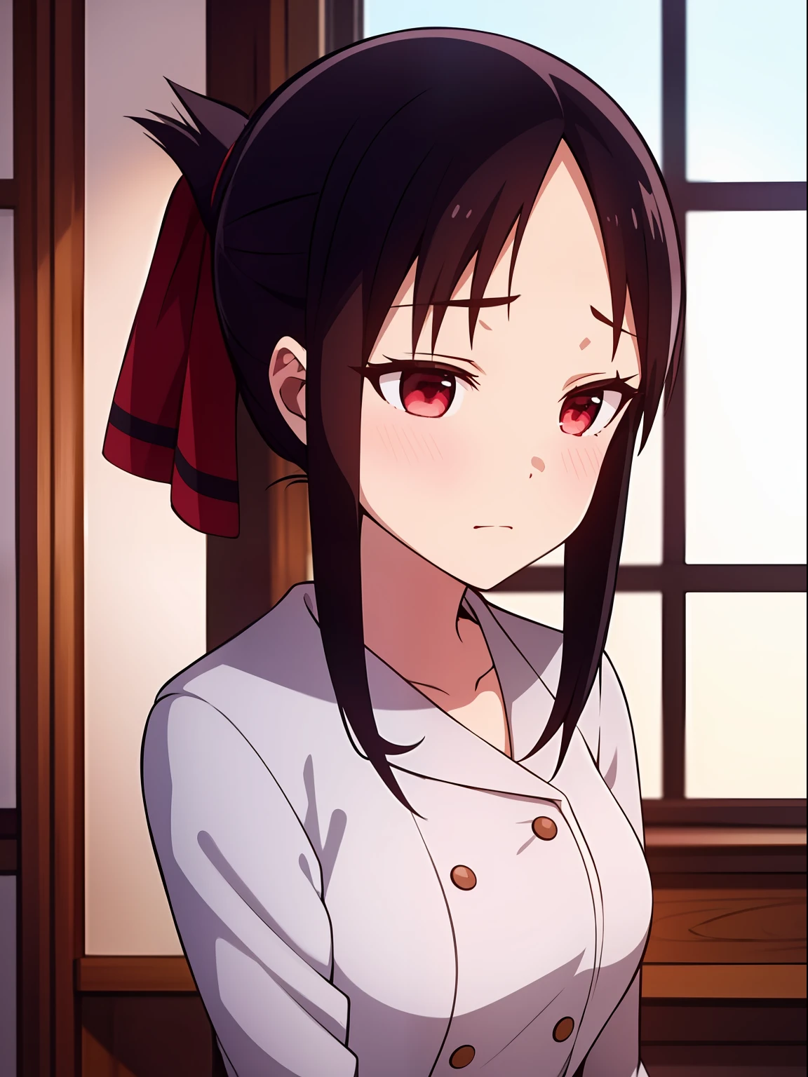 1girl, Shinomiya Kaguya, folded ponytail, military uniform