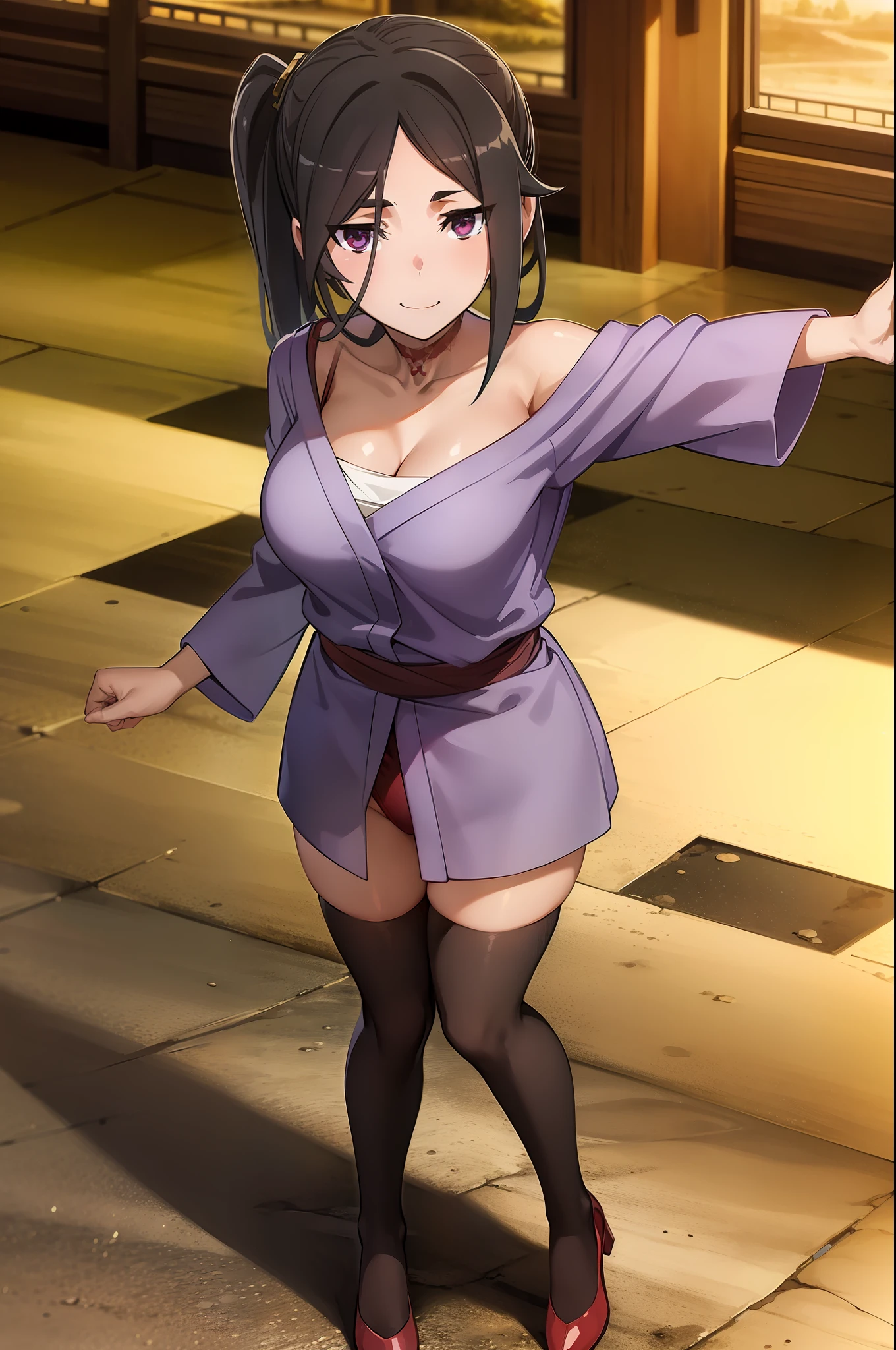 best quality, 4k, ((masterpiece)), extremely detailed, 8k, trending on ArtStation, Intricate, High Detail, Sharp focus, outdoors, forest, 1girl, solo, purple eyes, black hair, japanese clothes, outstretched arms, side ponytail, sarashi, open mouth, smile, collarbone, short hair, breasts, cleavage, wooden wall, cowboy shot, zettai ryouiki, sash, long sleeves, pov, smile, facing viewer, red thighhighs, leotard