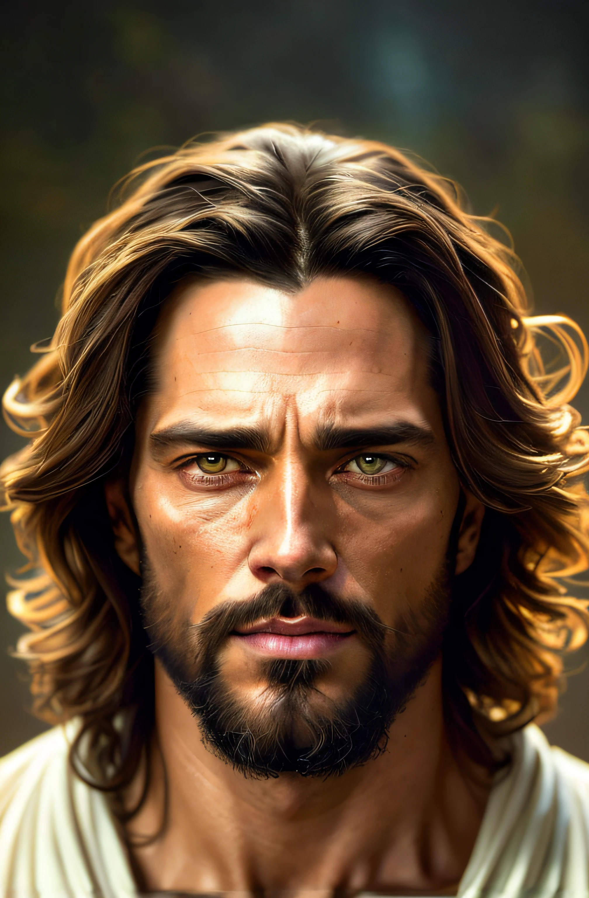um close up de um homem com cabelos longos e barba, pintura digital ultra realista, Retrato de Jesus Cristo, arte digital altamente realista, Arte digital realista 4K, Arte digital realista 4K, Arte digital altamente detalhada em 4k, arte digital muito realista, pintura digital hiper realista, arte digital ultra realista, pintura digital realista, pintura digital fotorrealista