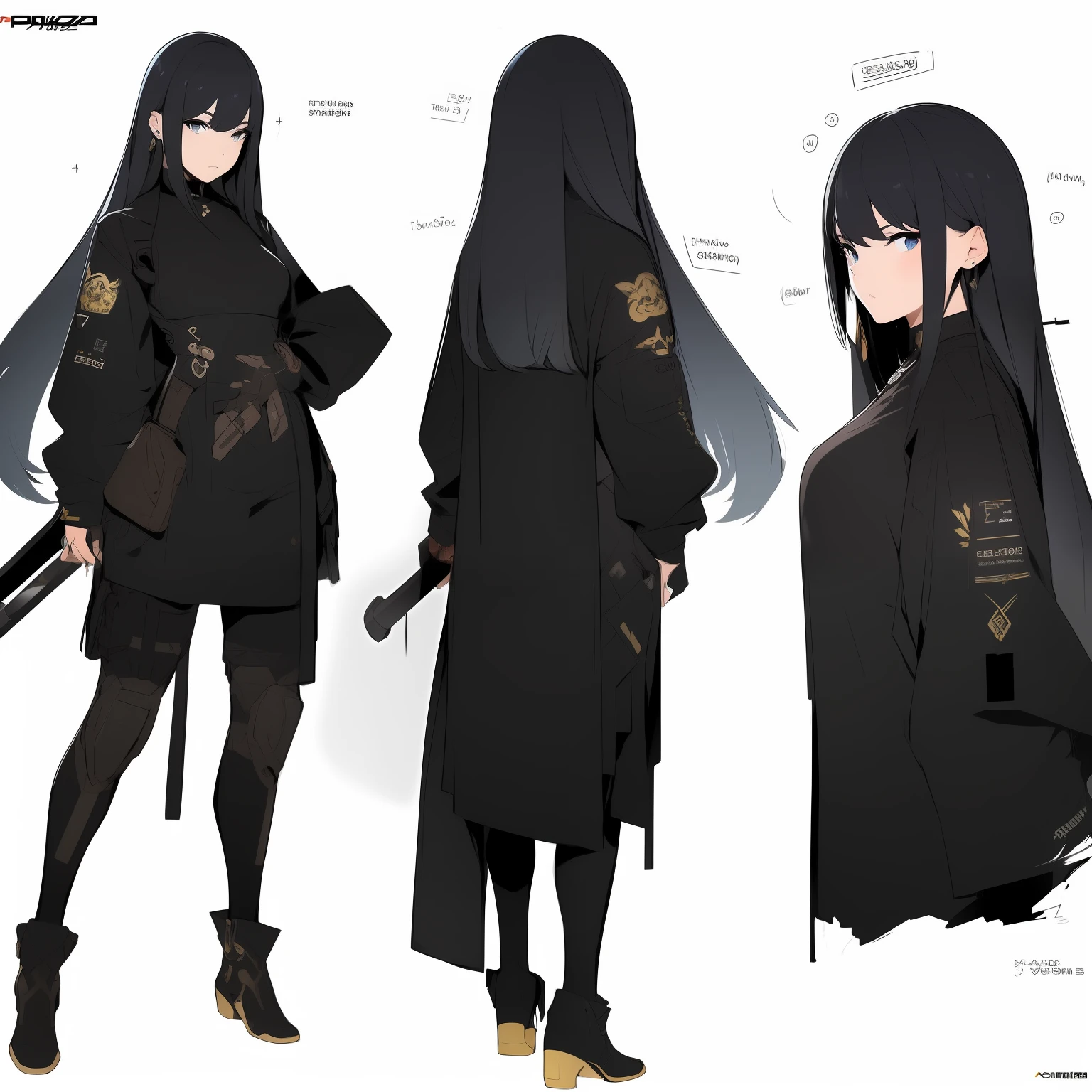 Masterpiece,Best quality,offcial art,Extremely detailed Cg Unity 8K wallpaper,1girll, Black and gold combat uniforms，Long weapons，Blue gradient hair，character  design，Zhuzeshegi，simplebackground，parchment，Sketch line diagram。Red power armor。