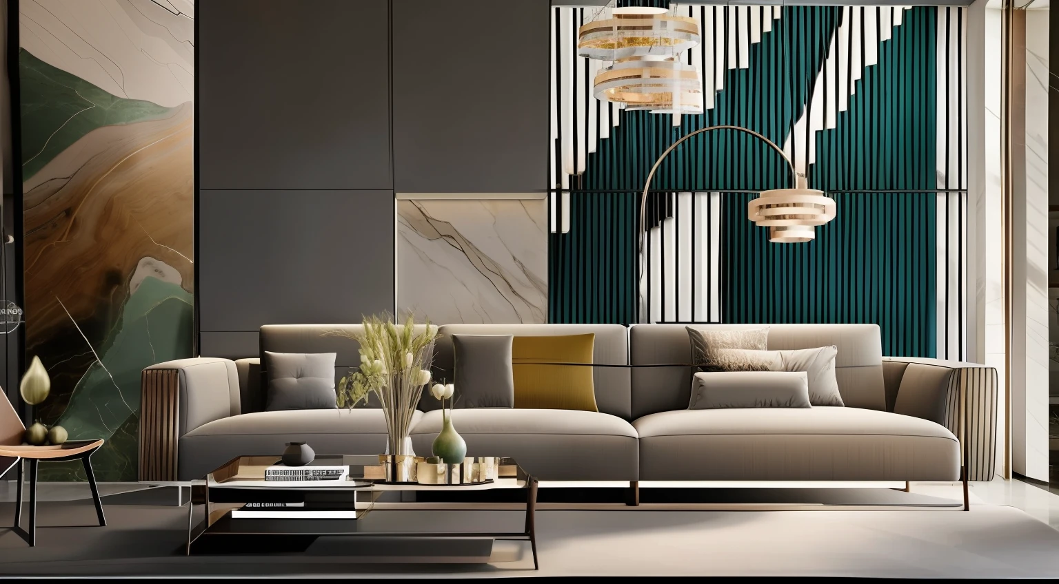 Wabi-sabi style living room,Slate background wall,Bright strip light from wall to top,Decorative painting,Minotti sofa,There are decorative chandeliers,Lightweight wool carpet,Malachite coffee table,Floor-to-ceiling windows facing 45 degrees,Great view,Interior design,Interesting light and shadow,