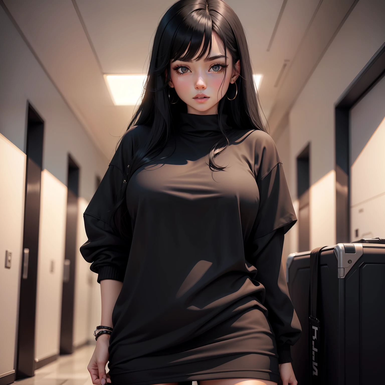 Blackn clothes,Black hair and large female