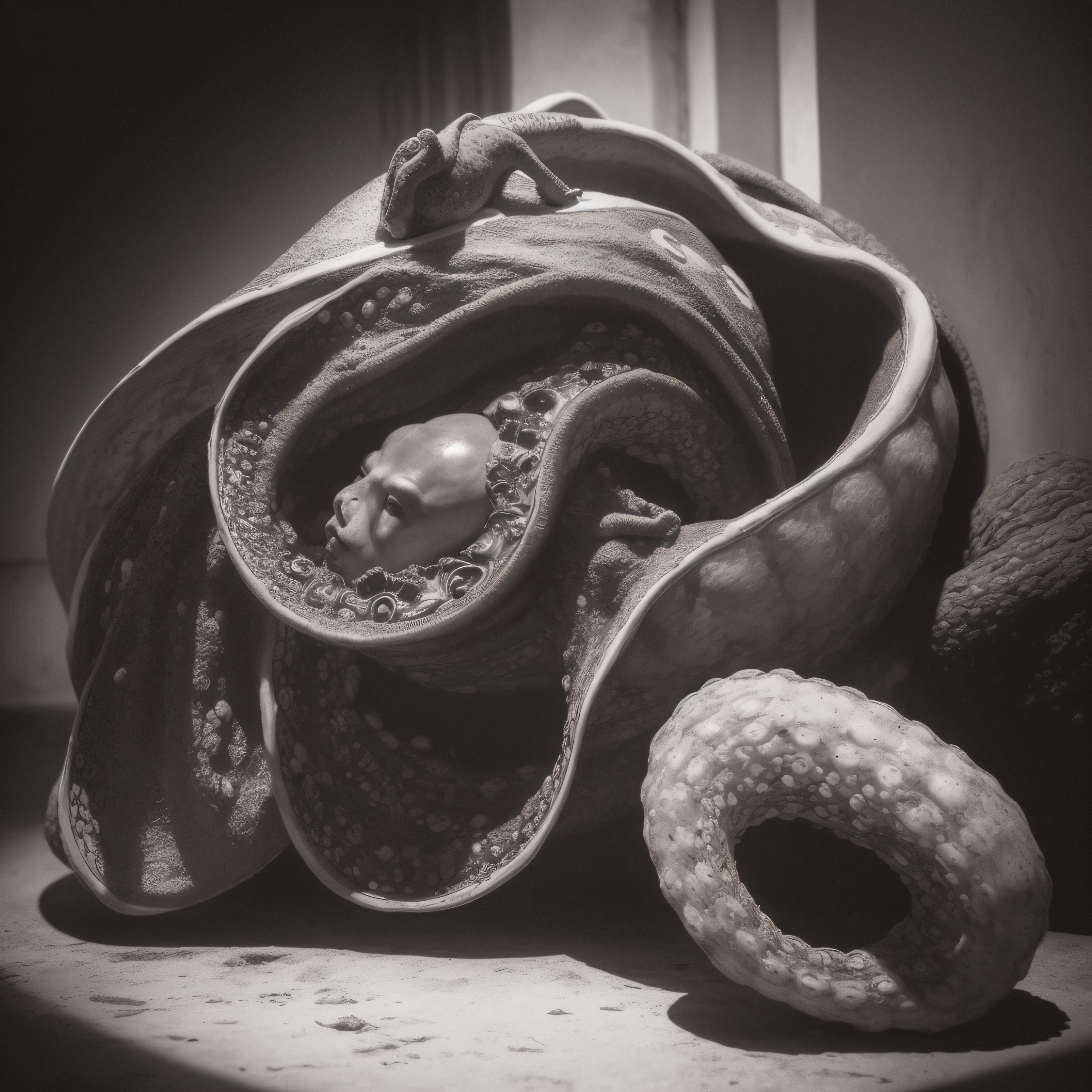 (extremadamente detallado, obra maestra, La mejor calidad), Estilo oscuro, intense illumination, rostro con arrugas, lengua larga, tentacle, deforme, monstruoso, interior de una piscina de agua verdosa, imagen submarina, alien con Colmillos finos, pico de pulpo amenazante. manchas de tinta. Rococo composition. Luz de caravaggio
