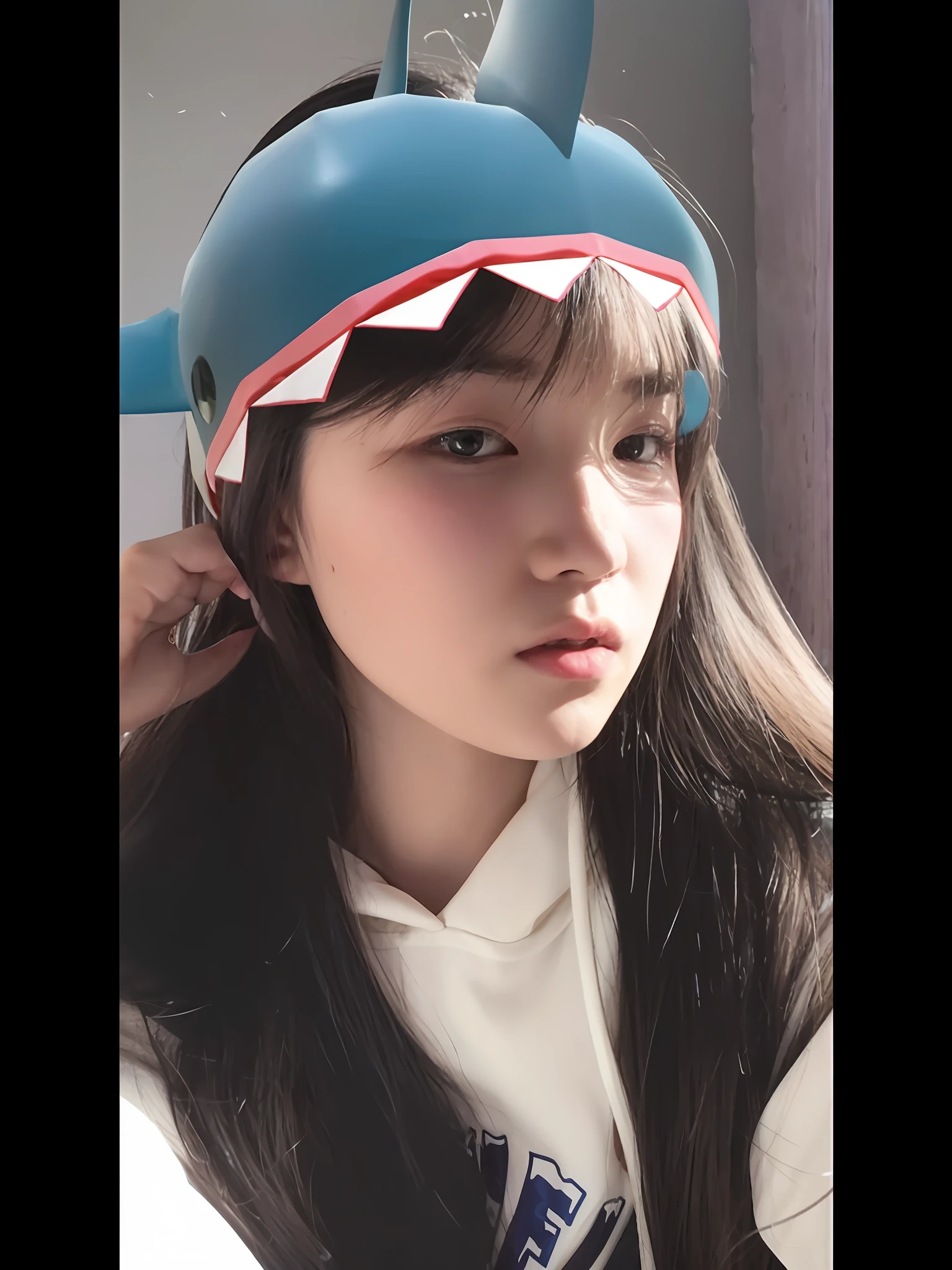 Close-up of a woman wearing a blue helmet，There is a shark on it，Anime girl in real life，wan adorable korean face，jaeyeon nam，Guviz-style artwork，wearing a fisher 🧥，She has black hair，By bangs，blunt bangs fall on her forehead，ulzzangs，Ruan cute vtuber，OMG。