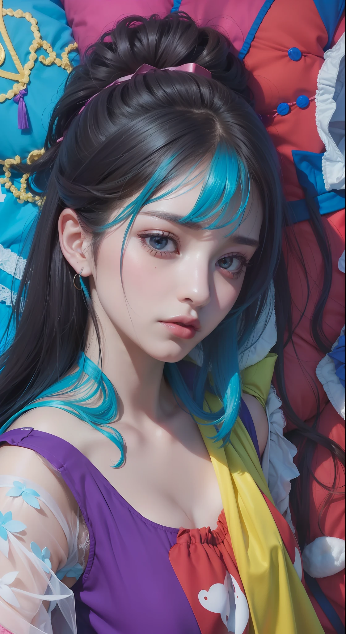 (8k, RAW photos, best quality, masterpiece:1.2), yjnn, 1girl, 3 d, asian, bangs, bare_shoulders, bow, bra, breasts, black_eyes, black_hair, cleavage, grey_background, lips, long_hair, short_sleeves, looking_at_viewer, huge_ breasts, navel, nose, off_shoulder, open_clothes, open_shirt, panties, real, camisole, solo, stomach, undergarment, undressing, upper_body, light blue_bra, light blue_panties, light blue_shirt, shiny skin, beautiful delicate face, beautiful delicate eyes, (real, Photo Realistic: 1), Lying in bed ((Realistic lighting, top quality, 8K, Masterpiece: 1.3)), Clear focus: 1.2, 1 girl, Perfect Body Beauty: 1.4, Slim Abs: 1.1, ((Dark Brown Hair, Big: 1.3)), (Wearing Ultra Thin Red Lace Underwear: 1.4, Gray Stockings: 1.2), Ultra fine face, narrow eyes, double eyelids, Lying in bed. [(Top Quality, Masterpiece, Intricate Details: 1.3):0.2], Real and Detailed Skin, POV Perspective, Viewer, (From Top: 1.2), (On the Bed), ((Lying in Bed: 1.2)), 1 Girl, (Korean Mixed, Kpop Idol), White Skin, (Scary, Crying, Tears: 1.25), (Slender Body: 1.2), (Colossal)))), (Maid, Light Lingerie, Naked:1.2), navel (cleavage: 1.12), buttocks sticking out, ((see-through lingerie)), (((pink pillows and sheets)), (body portrait), (((breast closeup)))