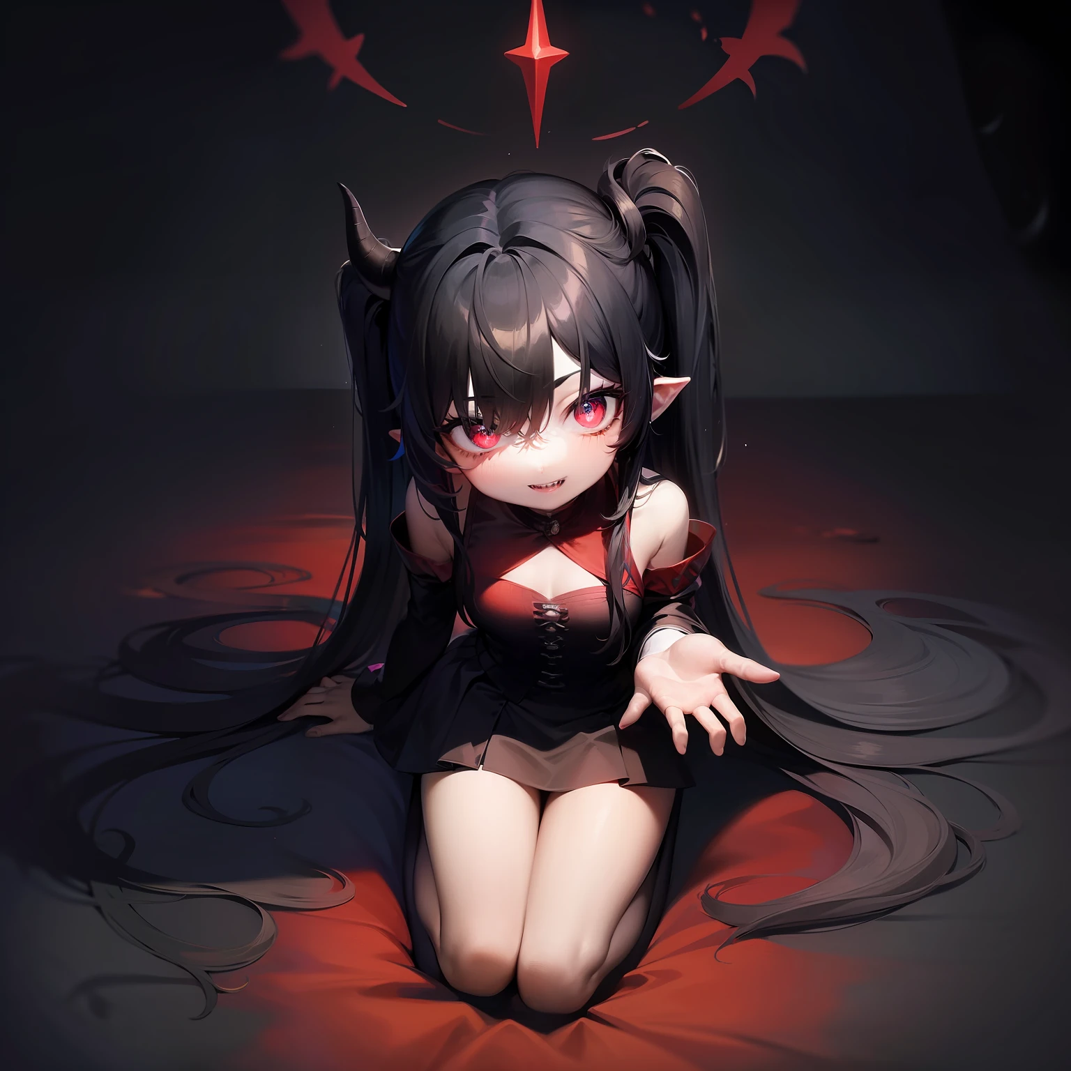 ((masterpiece、top-quality))、(Complex lighting)、Small devil、独奏、full body Esbian、1girl in、red eyes、Long Black Hair、Red Shirt、a black skirt、absurderes, Grayscale Blake Guessgao、(evil smile:1.1)、looking at the viewers、sharpteeth、(Crazy blue eyes with small pupils:1.2)、yandere、Chibi、