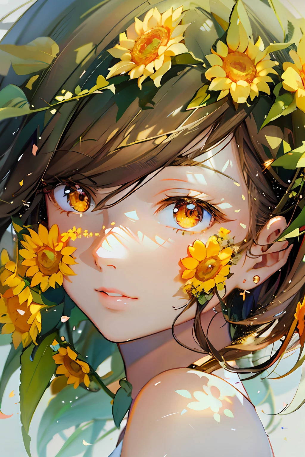 Holding flowers in the hair、Anime girl with a bird in her hand, Beautiful sunflower anime girl, Stunning anime face portrait, Beautiful Anime Portrait, beautiful anime artwork, Detailed Digital Anime Art, by Yuumei, beautiful anime art, Beautiful Anime Face, detailed portrait of an anime girl, digital anime illustration, Anime Illustration, digital anime art, detailed anime art, anime portrait