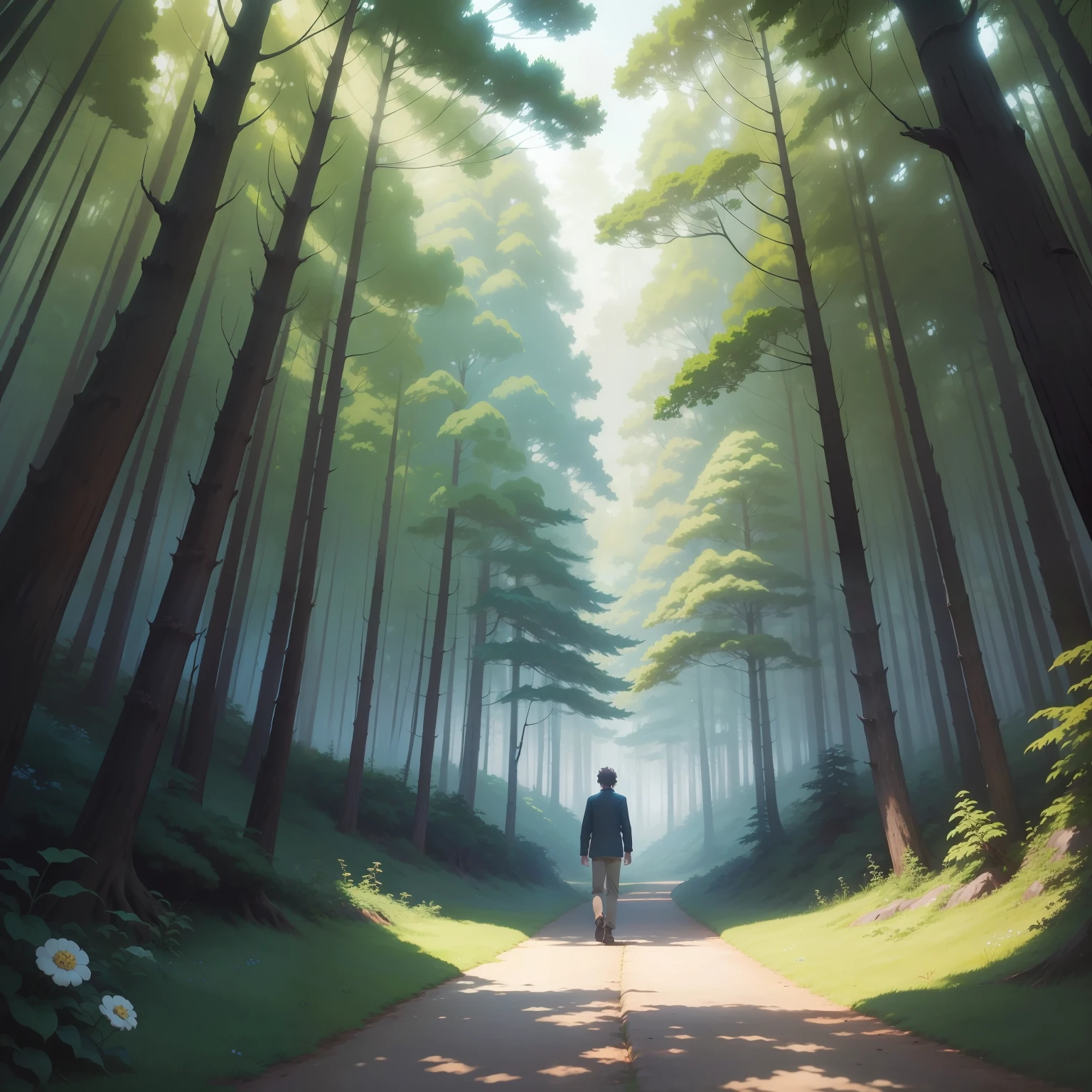 arafed image of a man walking down a path in a forest, miyazaki's animated film, style of hayao miyazaki, style in ghibli anime, miyazaki film, miyazaki movie scene, moebius and makoto shinkai, miyazaki movie, miyazaki style, hayao miyazaki style, ghibli moebius