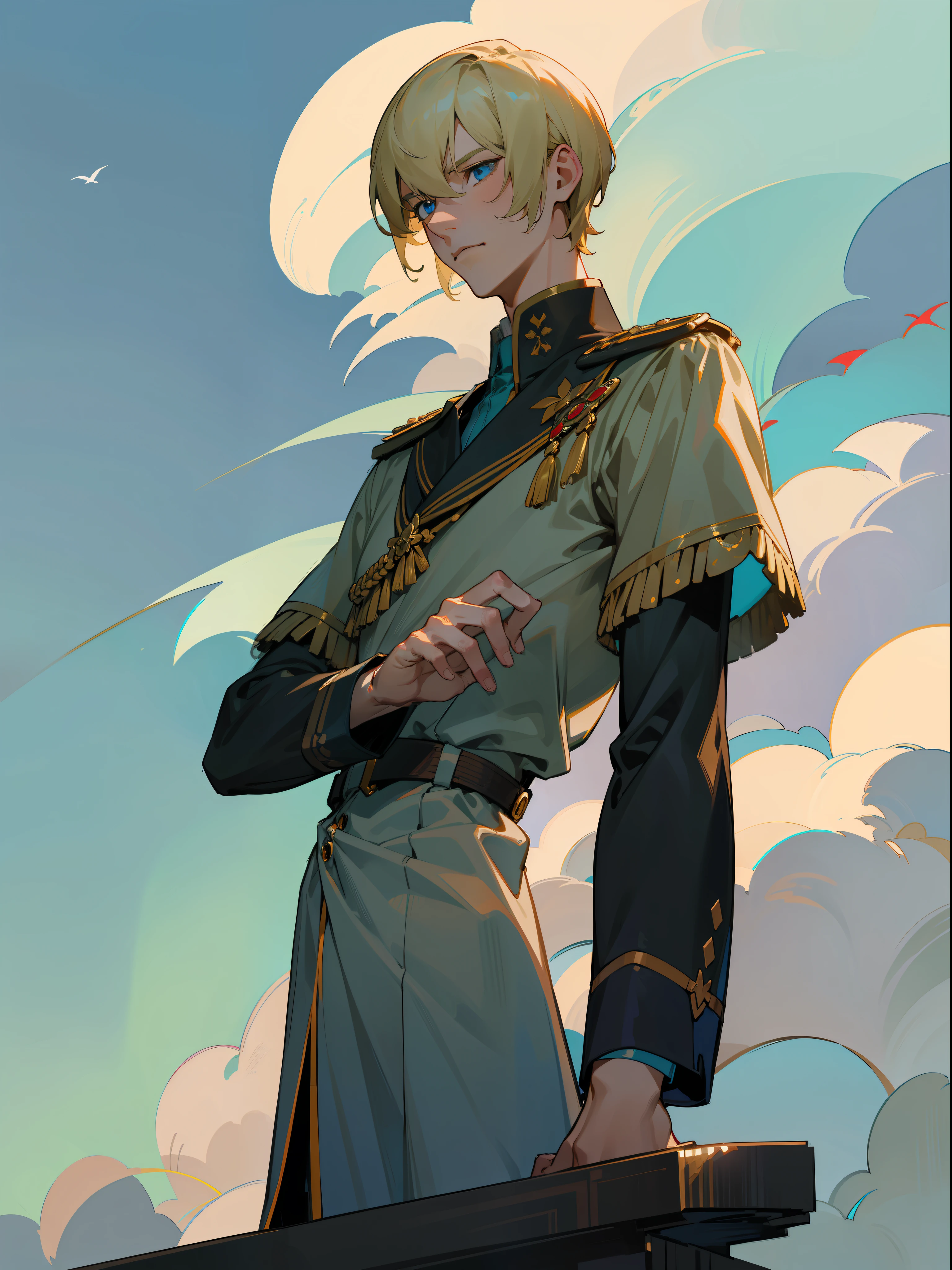 (masterpiece, best quality), 1 male, mature, aged up:1.4, tall muscular guy, broad shoulders, finely detailed eyes and detailed face, extremely detailed CG unity 8k wallpaper, intricate details, Fantasy, royal, nobleman, Admiral, short hair, blonde hair, blue eyes, fleet commander, navy, commander, white uniform, ocean, cloudy sky, wave
