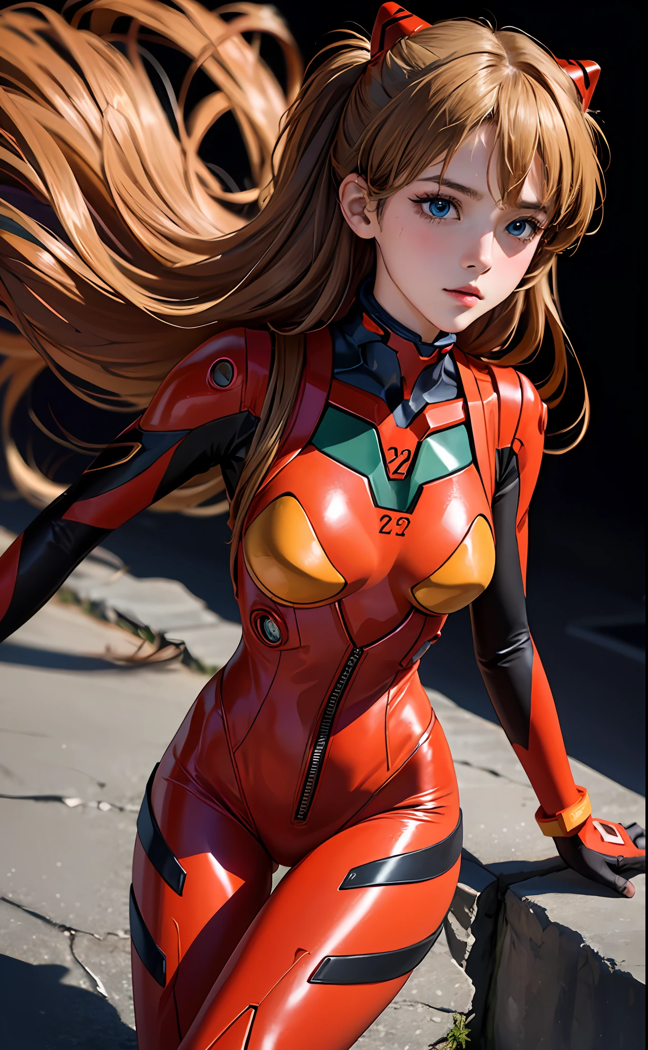 (Masterpiece: 1.4, top quality), (intricate details), Unity8k wallpaper, super detailed, beautiful and mysterious, detailed background, realistic, solo, perfect detail face, detailed blue eyes, very detailed, blush, hair ornament, chignon mahogany hair, (blonde hair), plug suit 02,Shikinami Asuka Langley, Evangelion, slender -yeld gi full body suit, black background