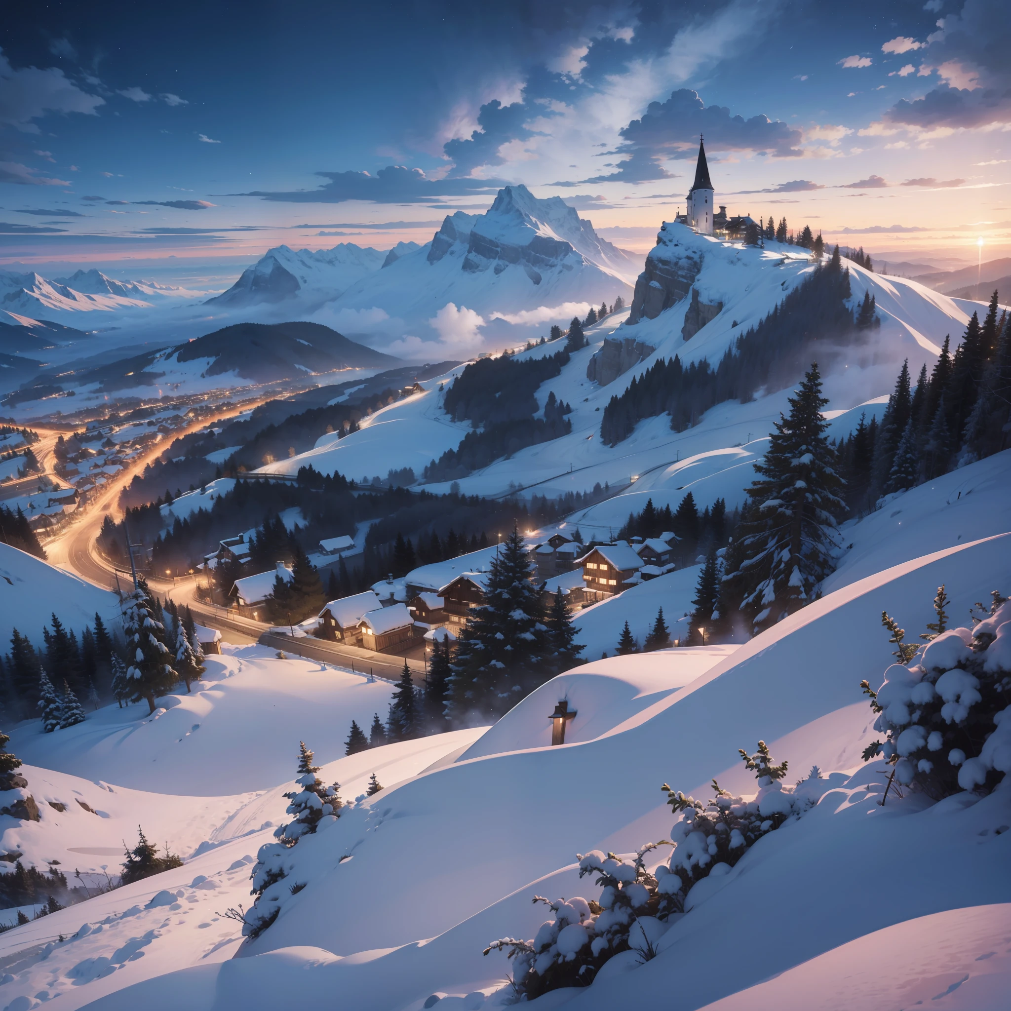 Looking from a mountain, Swiss village during winter, night time, clouds, cozy