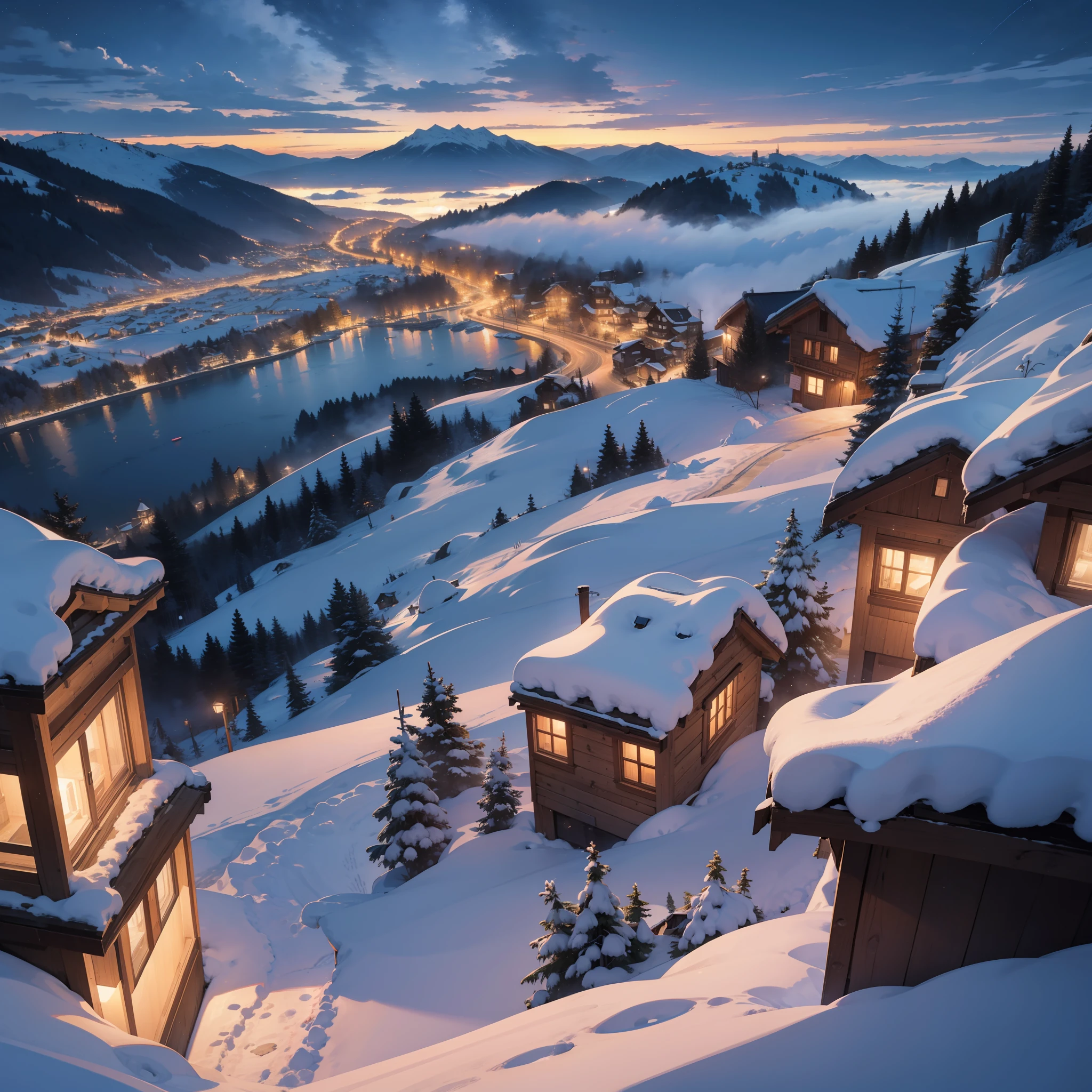 Looking from a mountain, Swiss village during winter, night time, clouds, cozy