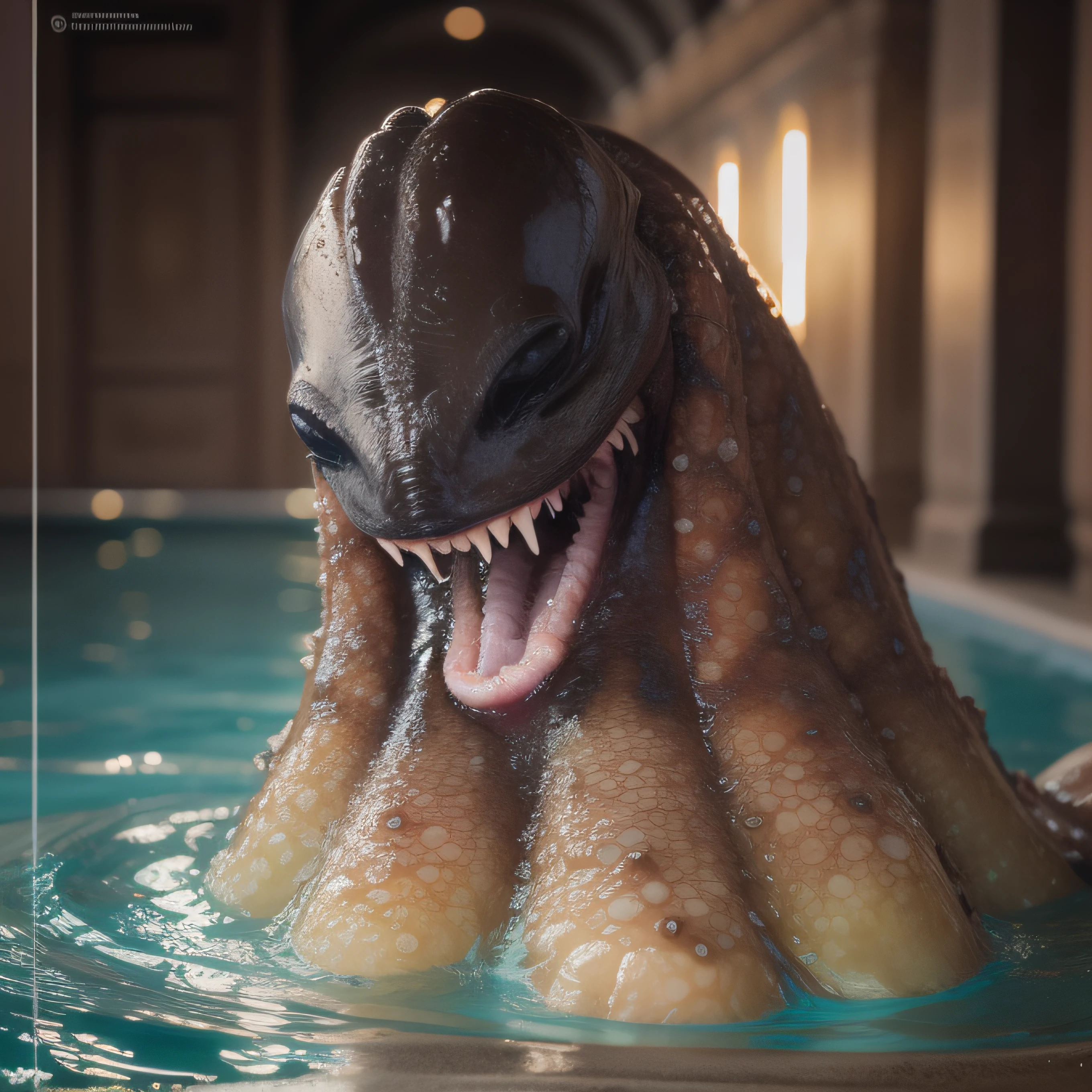(extremadamente detallado, obra maestra, La mejor calidad), Estilo oscuro, intense illumination, rostro con arrugas, lengua larga, tentacle, deforme, monstruoso, interior de una piscina de agua verdosa, imagen submarina, alien con Colmillos finos, pico de pulpo amenazante. manchas de tinta. Rococo composition. Luz de caravaggio