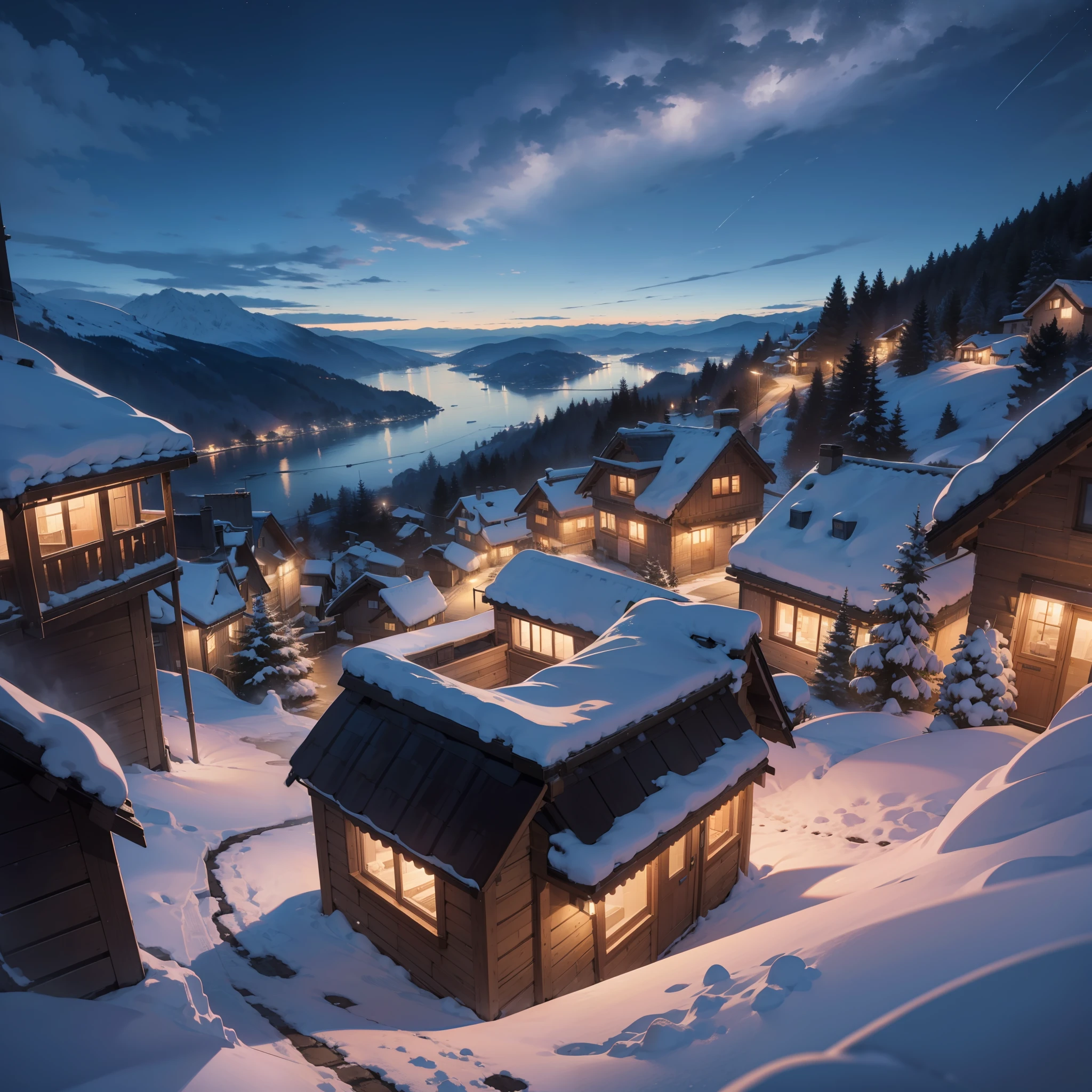 Looking from a mountain, Swiss village during winter, night time, clouds, cozy