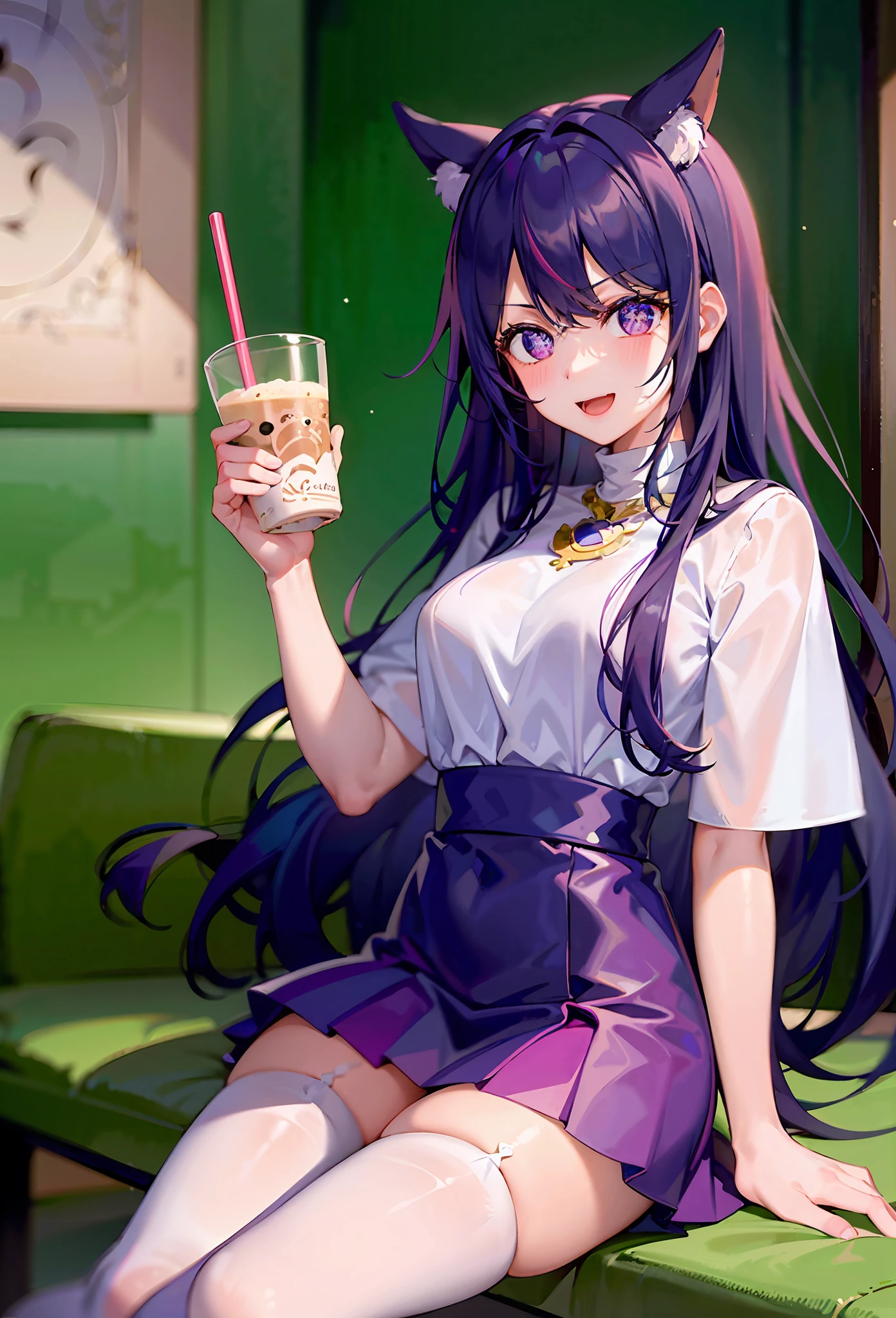 one-girl((There is a five-pointed star in the eye))A girl with long purple hair,Smile,Open mouth,drinking milktea,white stockings