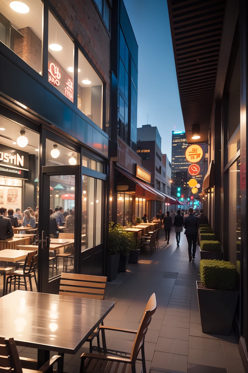 A downtown dining outlet，Business is good，Verism, foreshortening, from outside, UHD