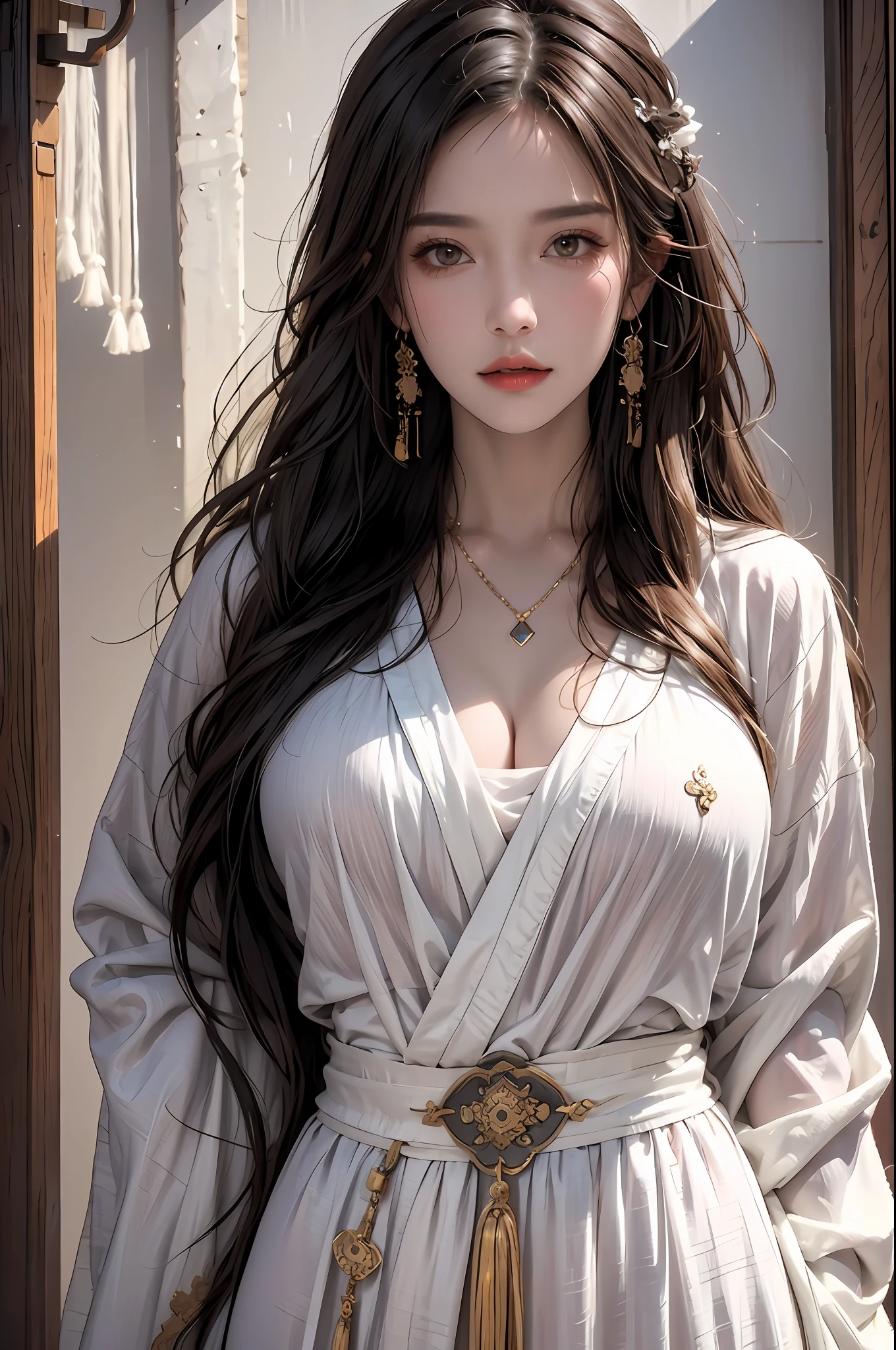 photorealistic, high resolution, soft lights, 1women, solo, hips up, look at viewer, (detailed face), long hair, colorful Taoist robe,oversized clothes, midjourney portrait, jewelry