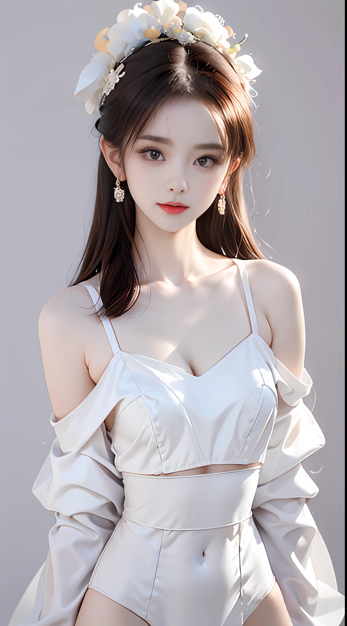Tofu Shih Tzu，pale milky white porcelain skin, Smooth translucent white skin, Short upper body，small thighs，Small waist，Small hips，cropped shoulders，Nice collarbone，ultra-realistic realism，no underwares，with no underpants，（big breasts exposed cleavage