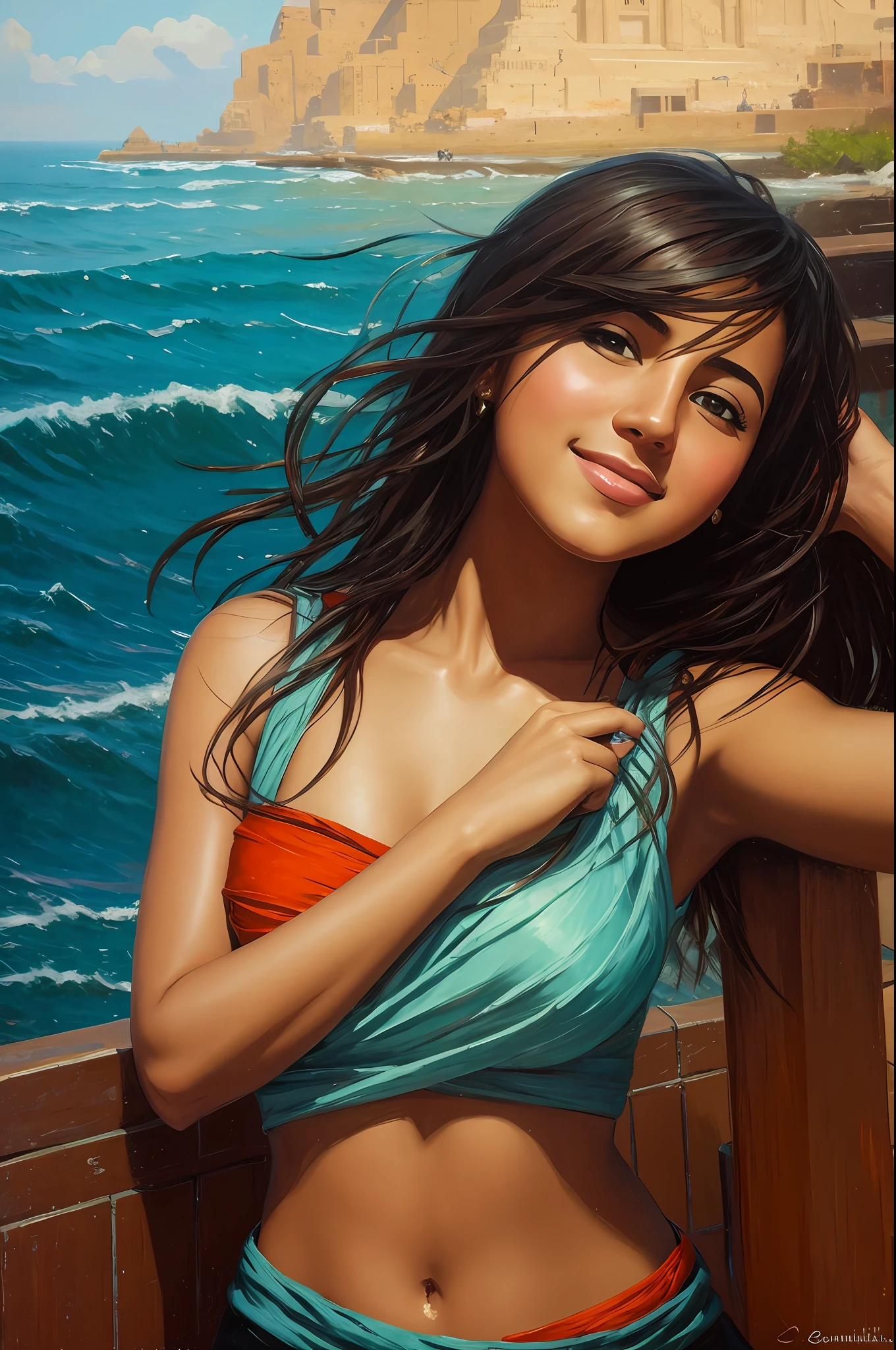 taking selfies, High-quality detailed image of a beautiful girl: (Mestizo: Lineament, Hindu: 0.2 : Egyptian: 0.3 : Darna: 0.25 : Selena Quintanilla Perez: 0.25) : pale skin, ((Asymmetrical haircut)), High facial detail : Realistic : in a T-shirt and shorts, endearing smile, (oil painting:0.75), (Screensaver:0.75),(teal:0.2),(Orange:0.2), (by Jeremy Mann:0.5), (John Constable:0.1), (Yuriy Arkus:0.5),(acrylic paint:0.75), 8K