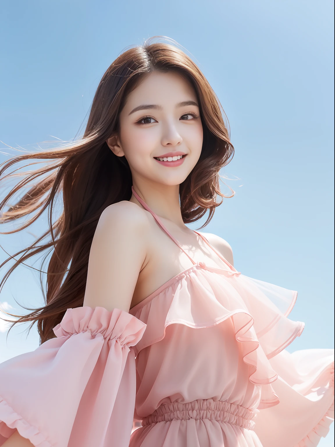 there is an ancient palace next to the girl,An extremely delicate and beautiful girl,realisticlying,Incredibly absurd,abstract artistic,From hips to shoulders,catch,Extremely detailed body,woman,年轻,20yr old,Very long hair,Floating hair,Light brown hair,Bi-tone hair,Beautiful fine hair,exquisite and beautiful face,light smile,Clear eyes,parted_lips, Black colored eyes,neck_ribbon,frilled_dress,jaket,Pink transparent skirt,Pink the bikini,Floating palace,beautiful and clear background,beautiful sky,full bloom,very precise detail,absurderes,Extremely CG,